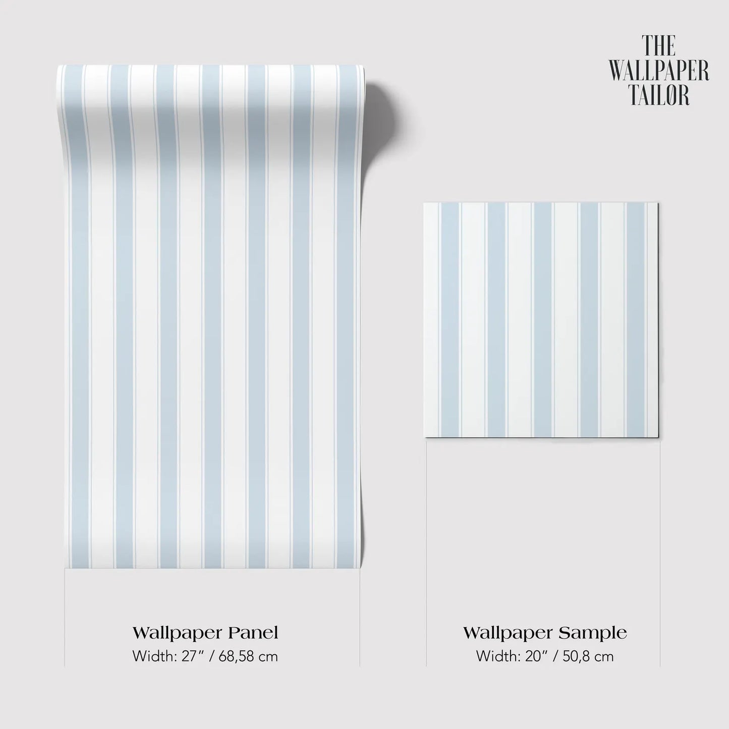 two different sizes of a blue and white striped wallpaper panel and a smaller square wallpaper sample.
