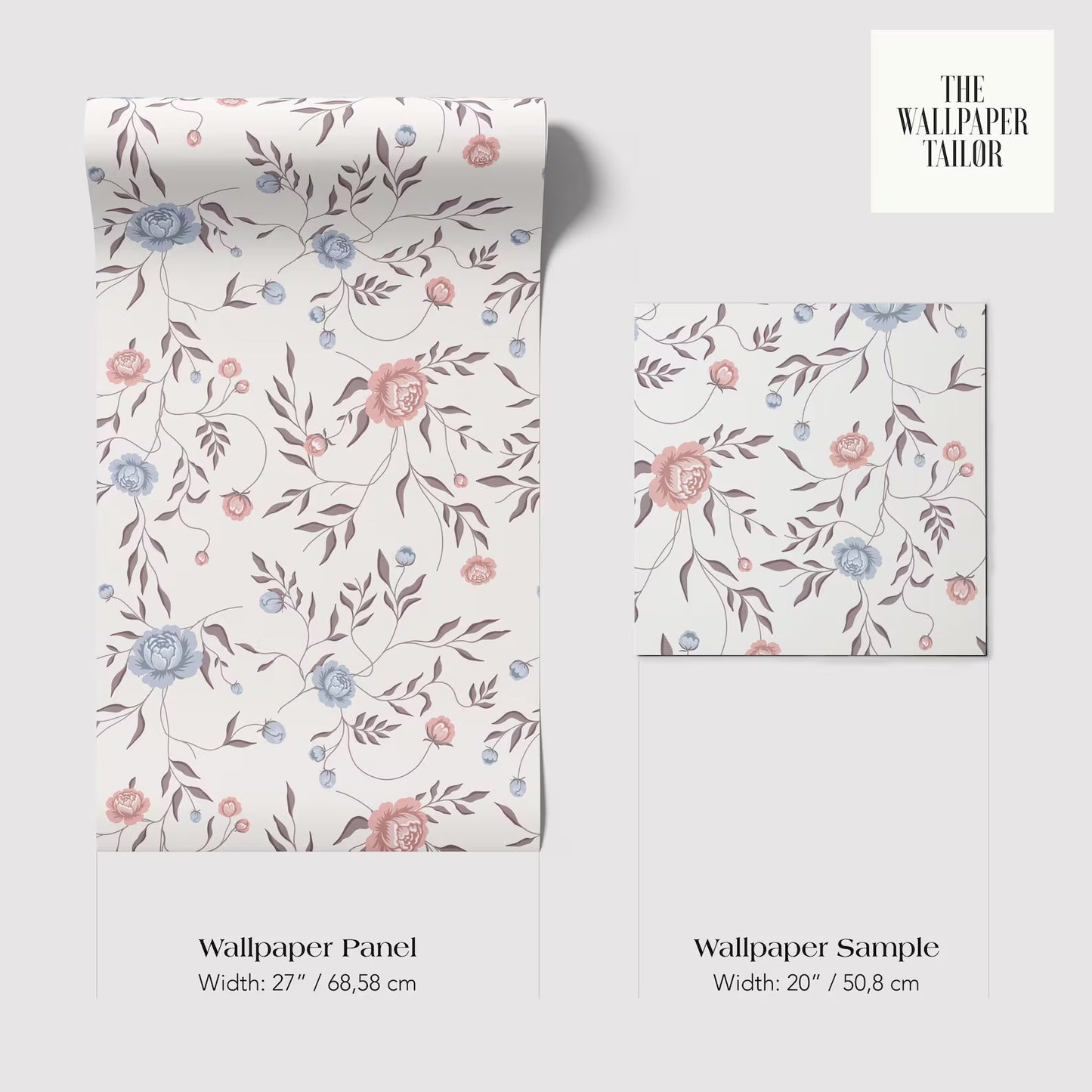 two floral wallpaper panels and a wallpaper sample, each with different widths. The wallpaper panels are wider at 27 inches (68.58 cm) and the sample is wider at 20 inches (50.8 cm).