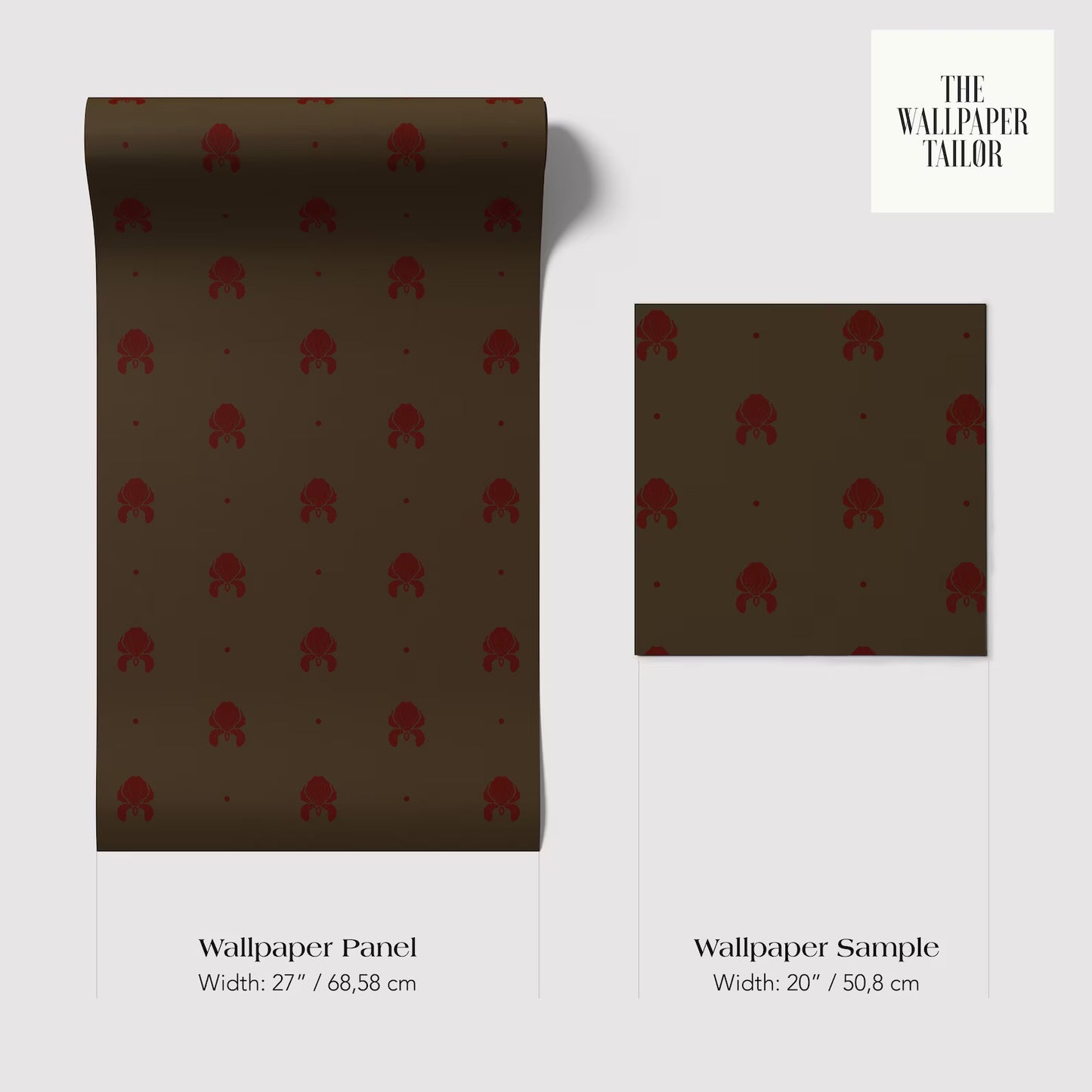 two identical brown wallpaper panels with a repeating red pattern. The text below the images provides information about the size and dimensions of the wallpaper sample.