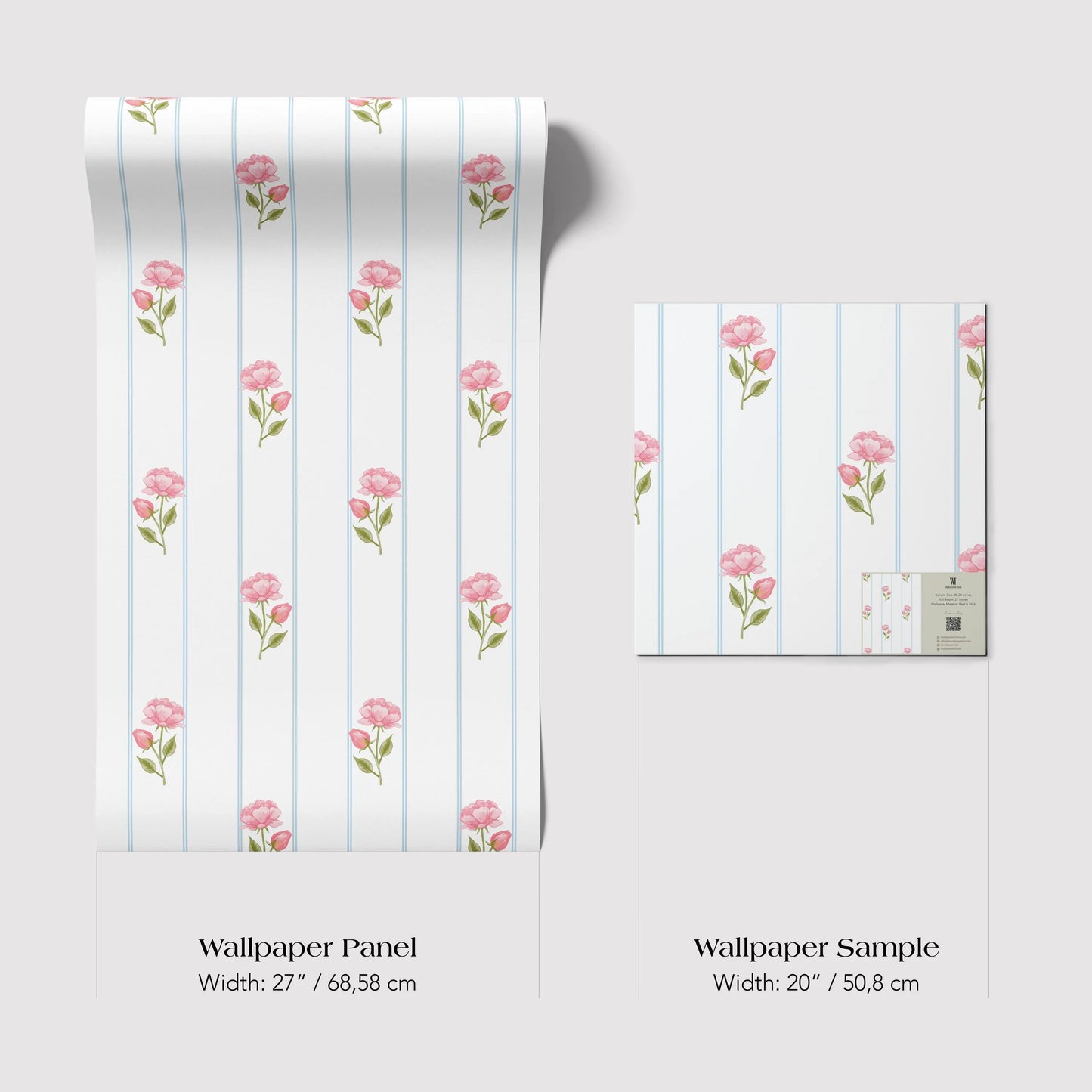two identical wallpapered panels with a repeating pattern of pink flowers on a white background. The panels are described as "Wallpaper Panel" and "Wallpaper Sample" with dimensions of width: 27 inches / 68.58 cm and width: 20 inches / 50.8 cm, respectively.