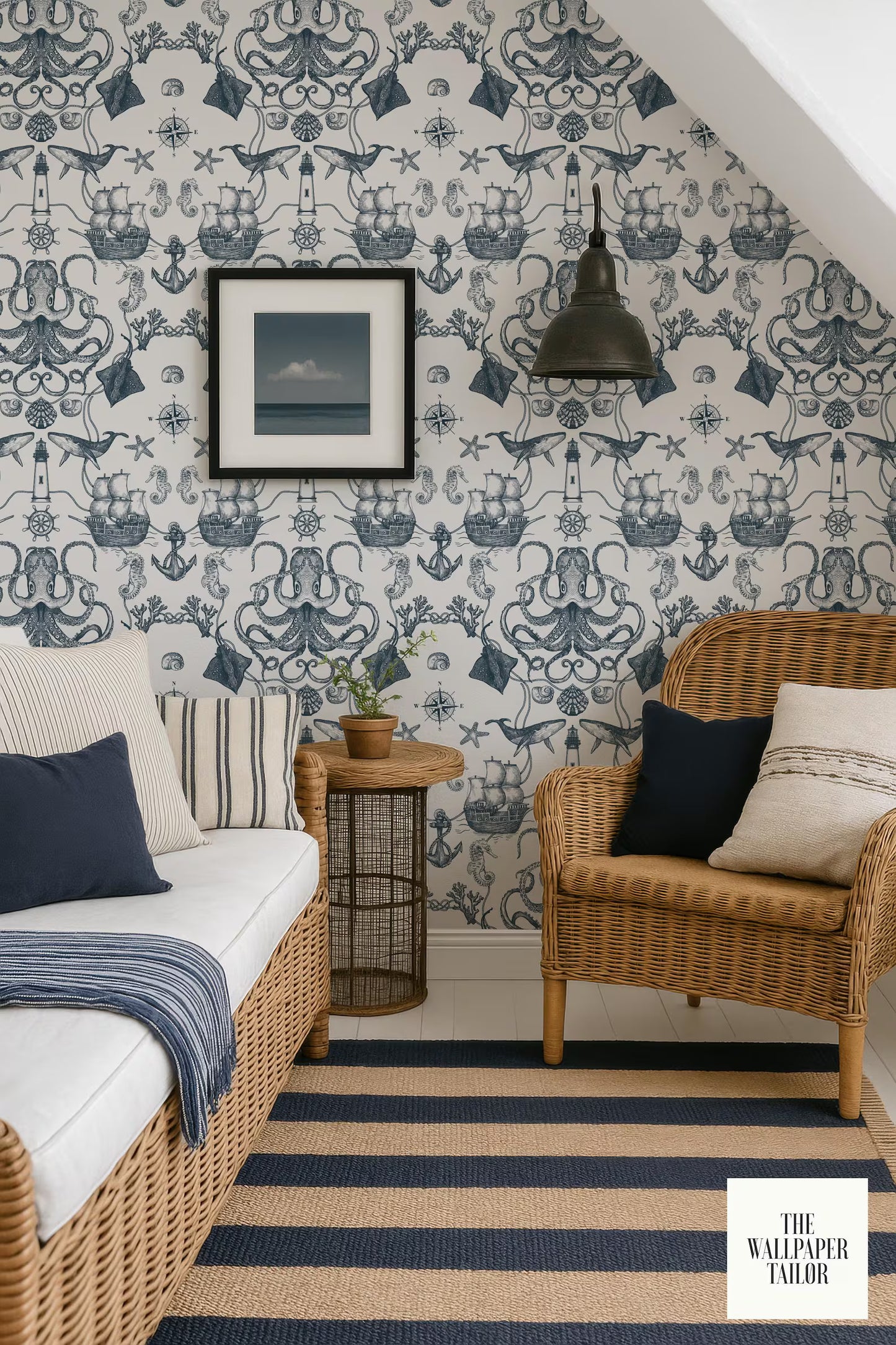 a cozy living room with a wicker chair, a striped rug, and a framed picture on the wall. The room has a nautical theme, with a patterned wallpaper and a black pendant light hanging above the chair.