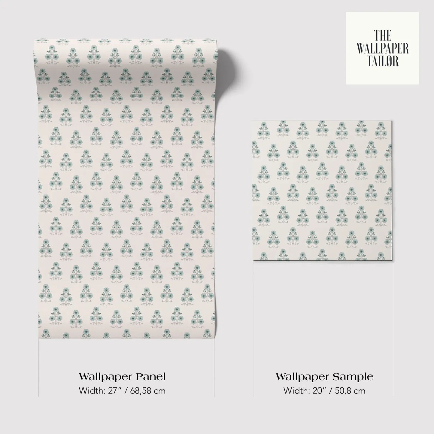 two identical rolls of wallpaper with a repeating pattern of green floral designs. The rolls are labeled as "Wallpaper Panel" and "Wallpaper Sample" and are described in terms of their width, with one roll being wider at 28/68" and the other at 20/50" width.