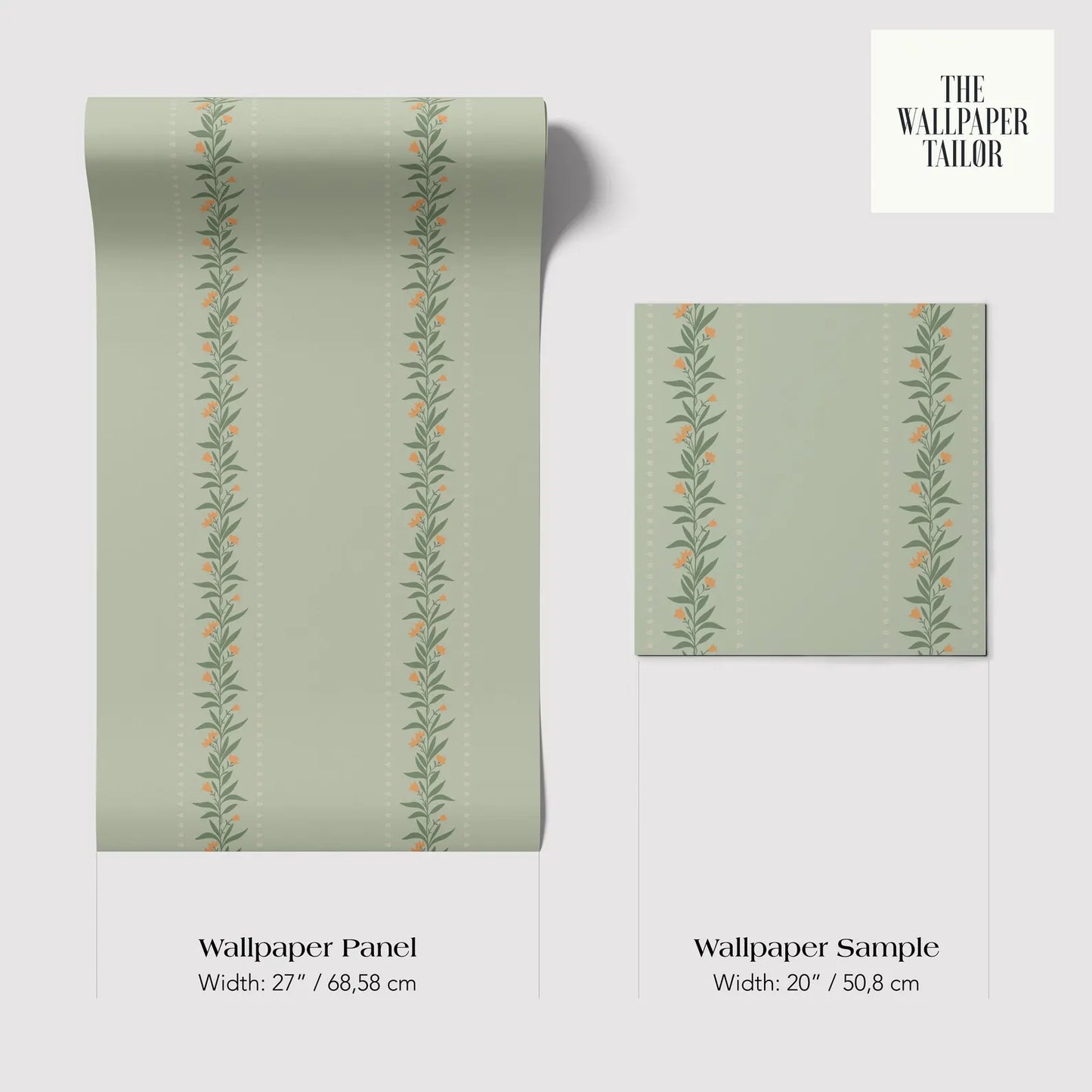 two different wallpaper panels with a repeating pattern of green leaves and orange flowers. The text provides information about the width of the wallpaper panels and their respective sizes.