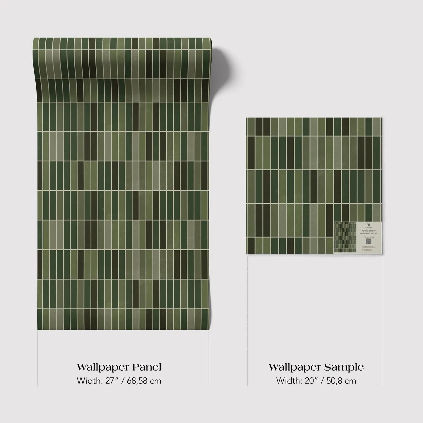 two different sizes of a wallpaper panel with a green and brown color scheme. The larger panel is wider than the smaller one, with a width of 27 inches (68.58 cm) and a height of 50 inches (80.58 cm).
