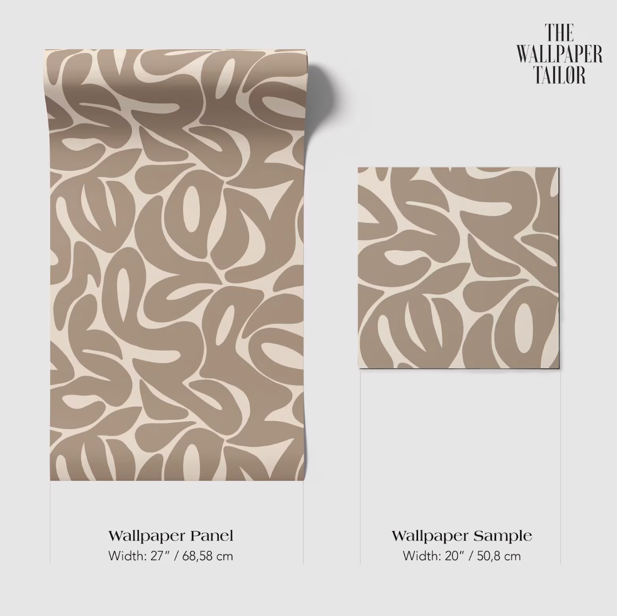 two wallpaper samples with a similar abstract pattern in shades of brown. The text provides the dimensions of the wallpaper panels and the wallpaper sample, which are both 20 inches wide.