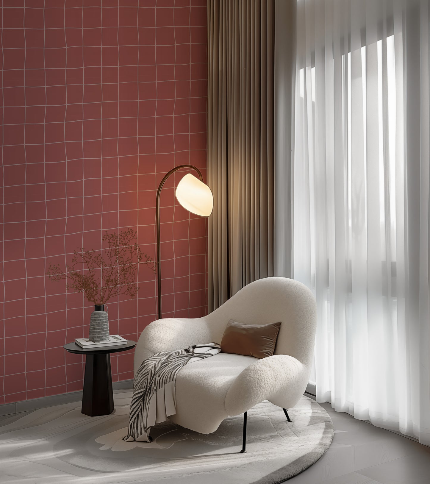 a living room with a chair and a lamp