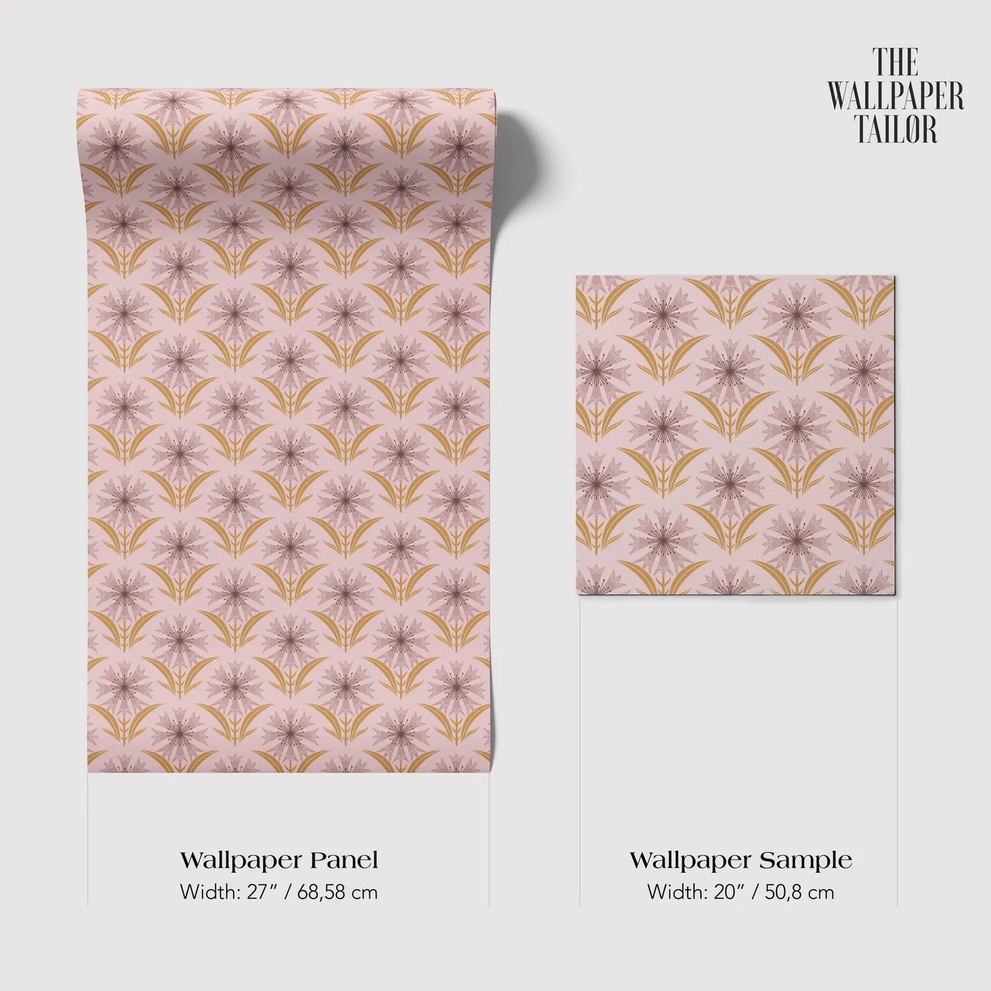 two identical rolls of wallpaper with a repeating floral pattern in shades of pink and gold. The rolls are labeled as "Wallpaper Panel" and "Wallpaper Sample" and are described in terms of their width, with one roll being wider at 27 inches and the other at 20 inches.
