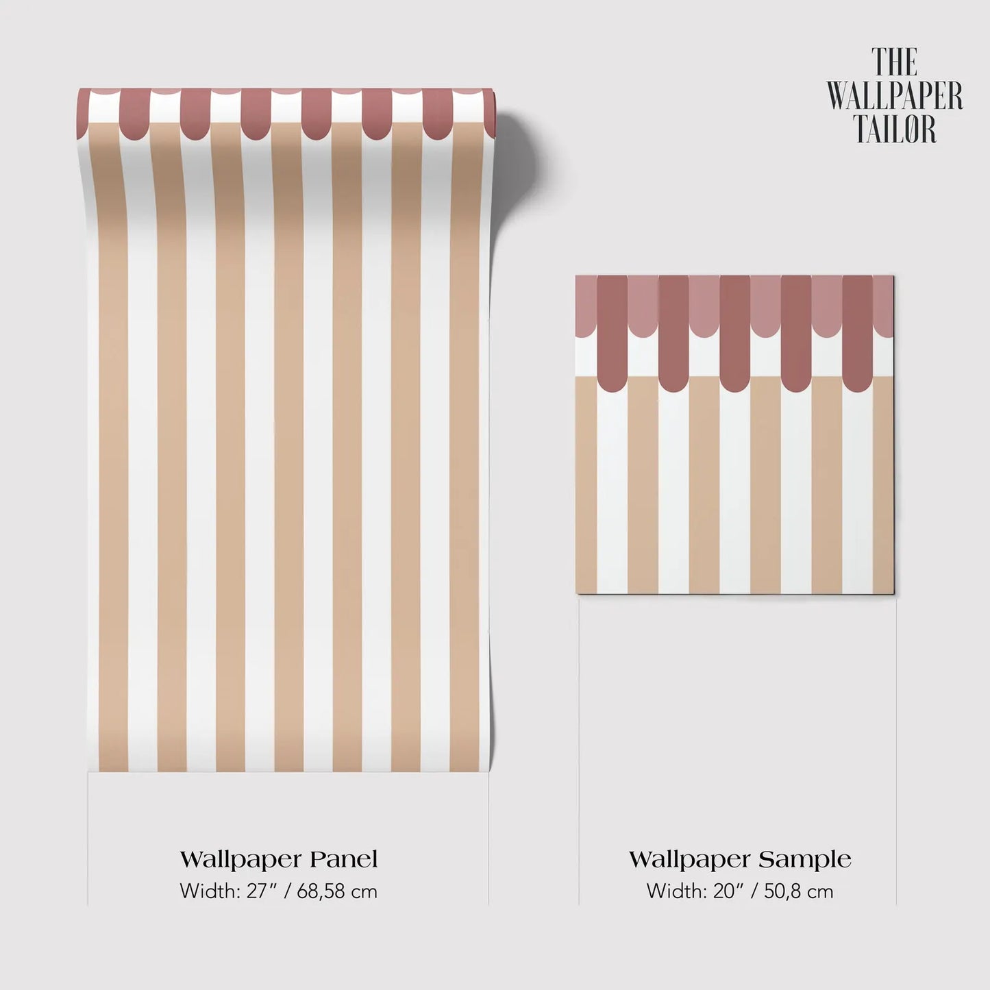 two different sizes of wallpaper panels with a striped pattern in shades of brown and white.
