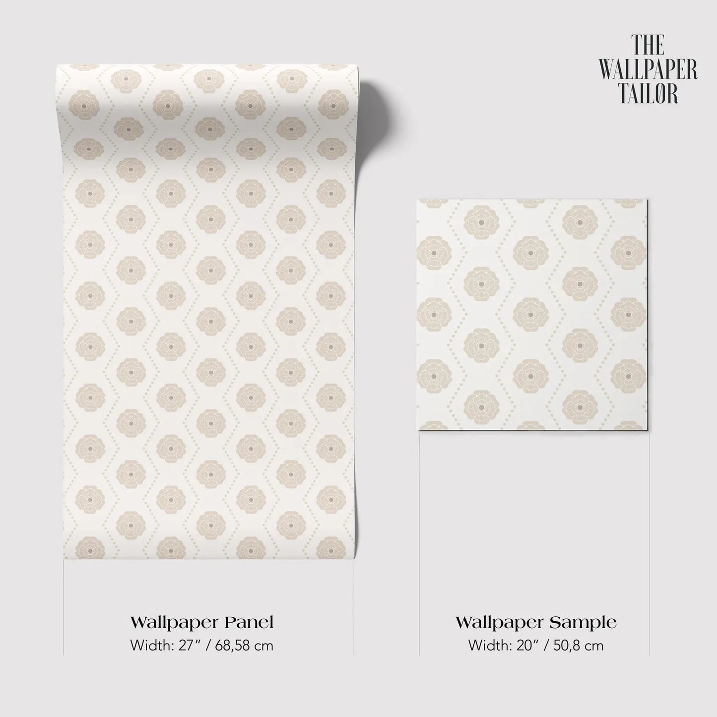 two rolls of wallpaper with a repeating pattern of circles on a white background. The rolls are labeled as "Wallpaper Panel" and "Wallpaper Sample" with their respective widths: 27 inches (68.58 cm) and 20 inches (50.08 cm).