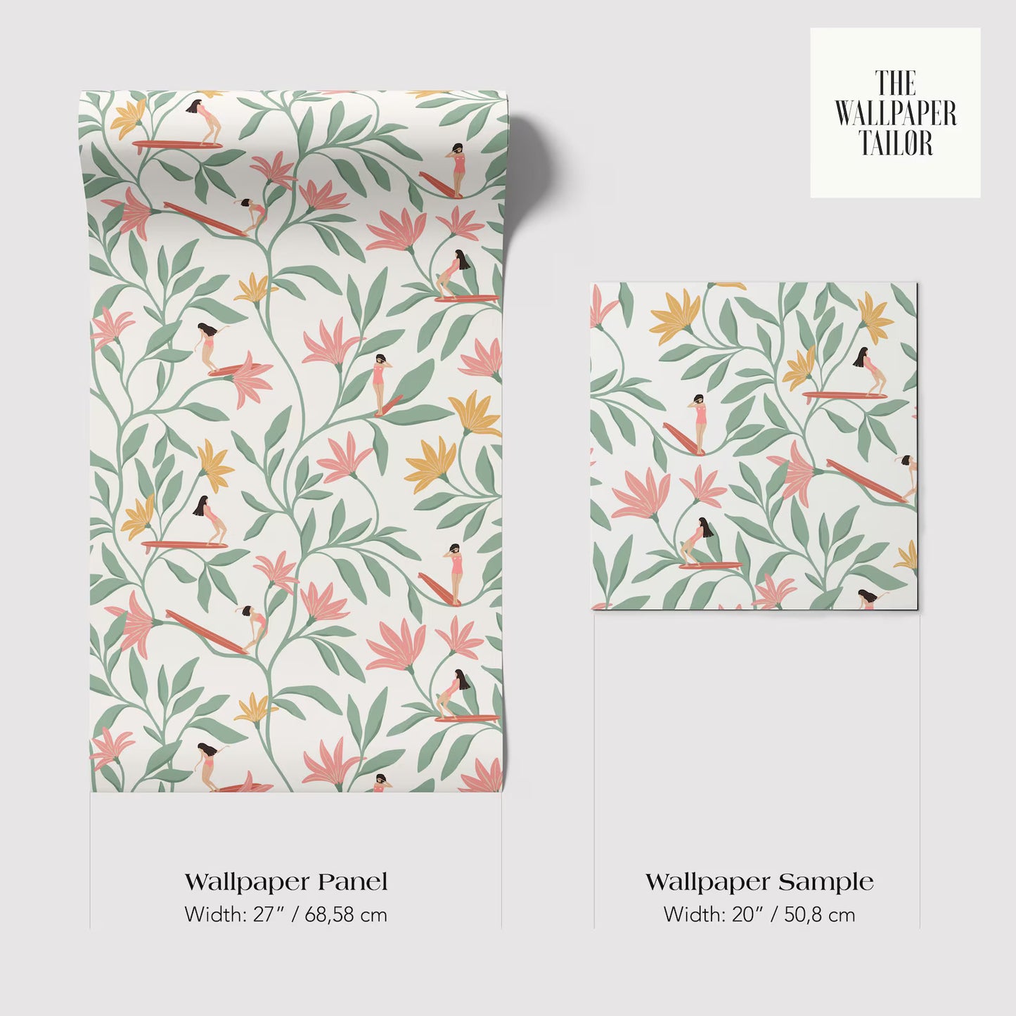 two different wallpaper panels with a floral pattern. The text provides information about the width of the wallpaper panels and the wallpaper sample.