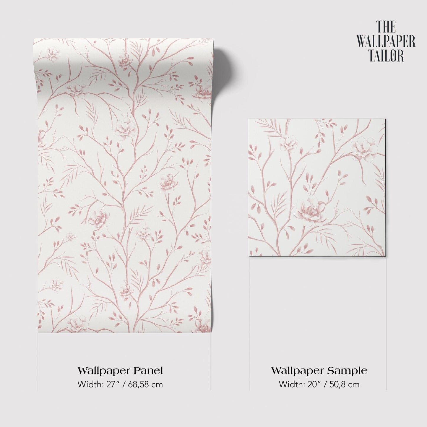two different wallpaper samples with a floral pattern. The text provides information about the width of the wallpaper panels and the wallpaper sample.