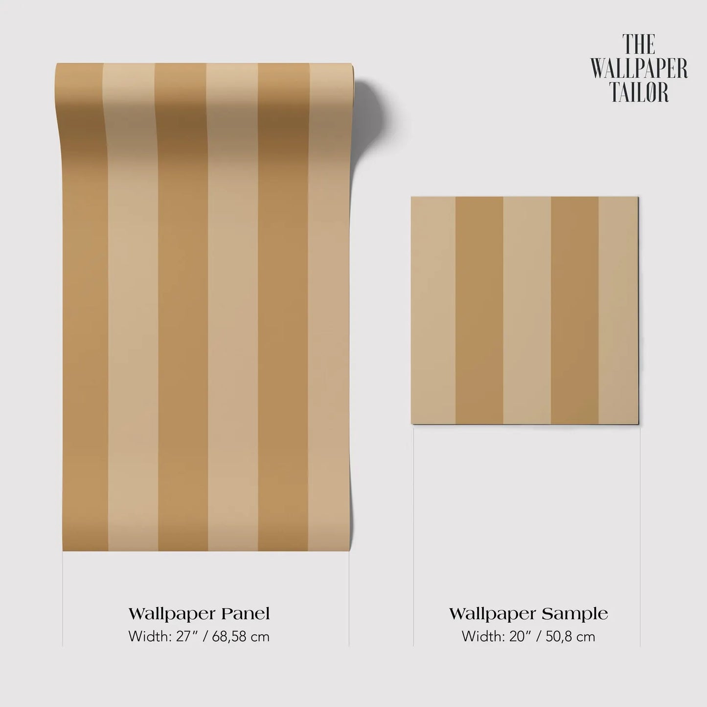 two samples of a wallpaper panel with a striped pattern in a beige color. The text provides the widths of the samples, which are 27/68" and 20/50" respectively.