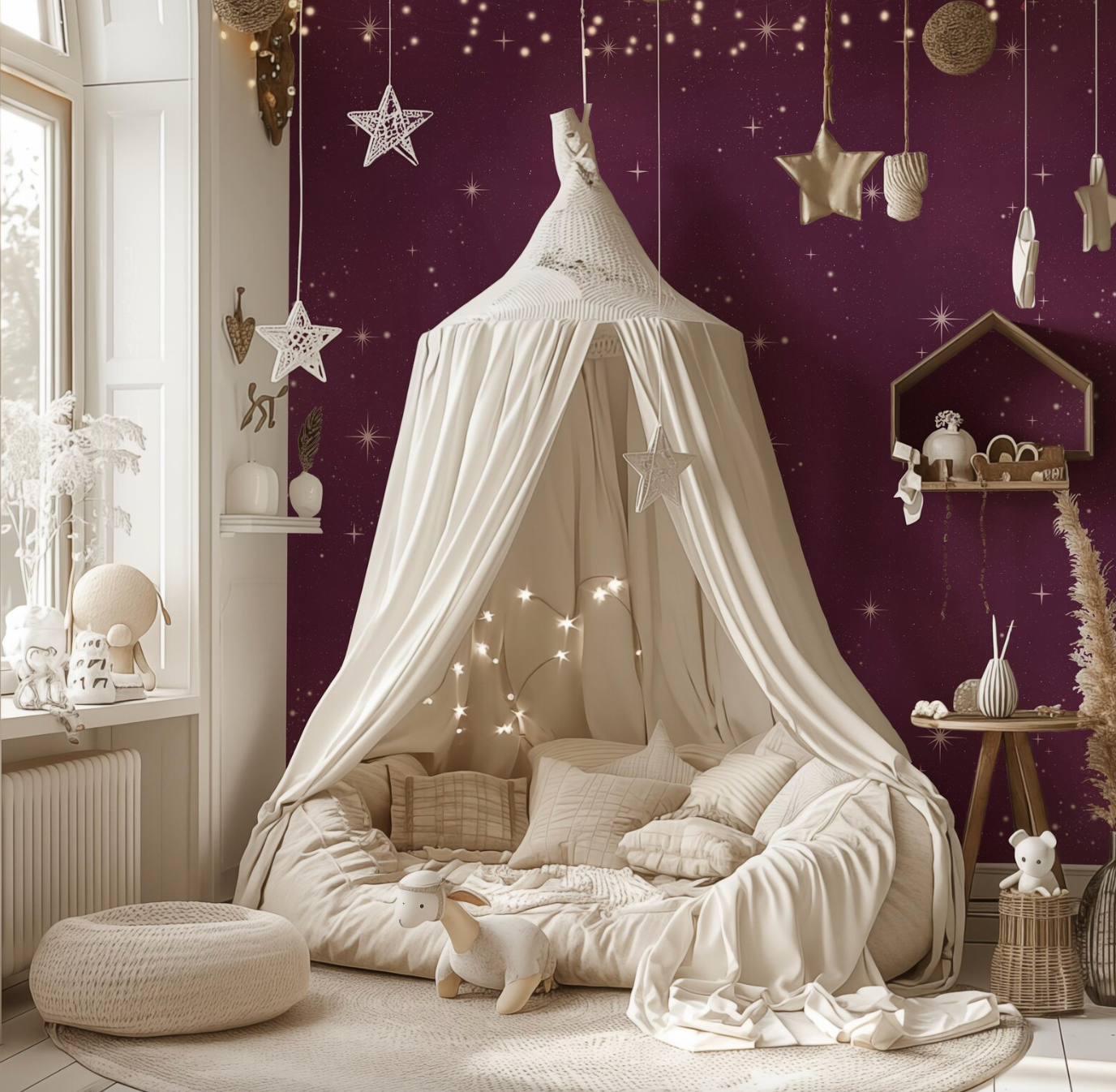 a white canopy bed in a room with purple walls
