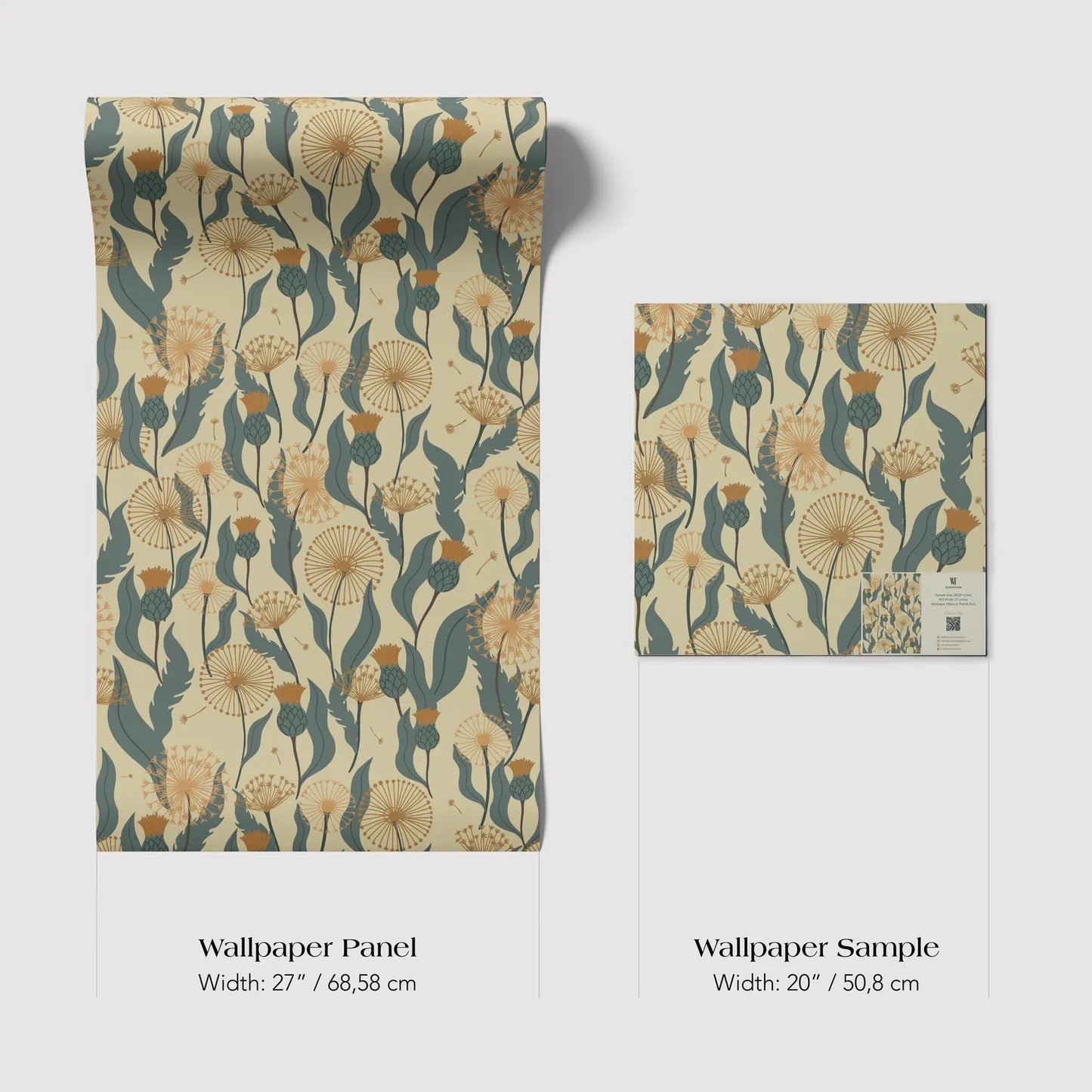 two wallpaper samples with a floral pattern. The first sample is a wallpaper panel with a floral pattern, and the second sample is a smaller square wallpaper sample with the same floral pattern.