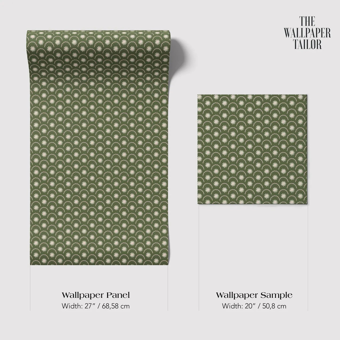 two wallpaper panels and a wallpaper sample, all featuring a repeating pattern of green circles on a white background.