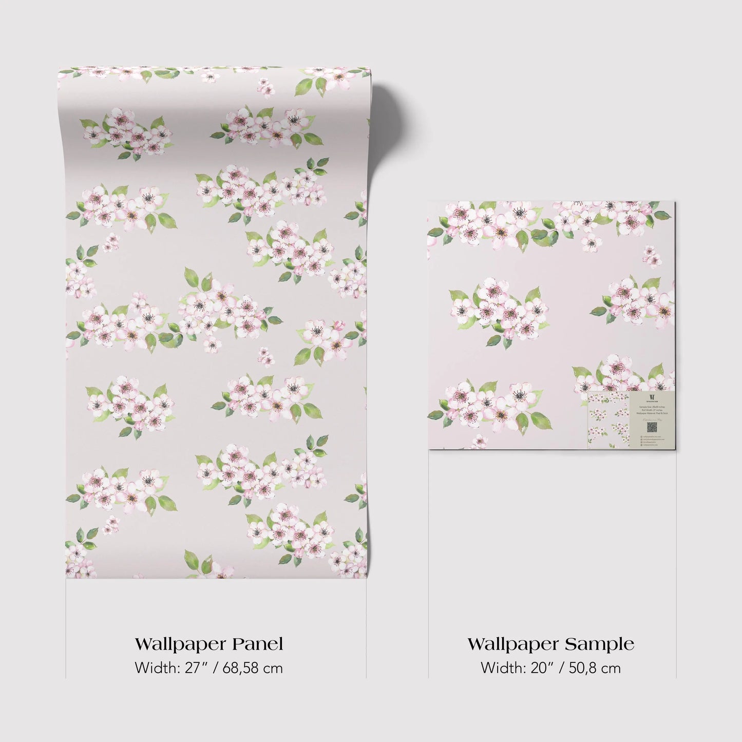 two different wallpaper samples with a floral pattern. The larger sample is a wallpaper panel with a width of 27 inches (68.58 cm) and the smaller sample is a wallpaper sample with a width of 20 inches (50.8 cm).
