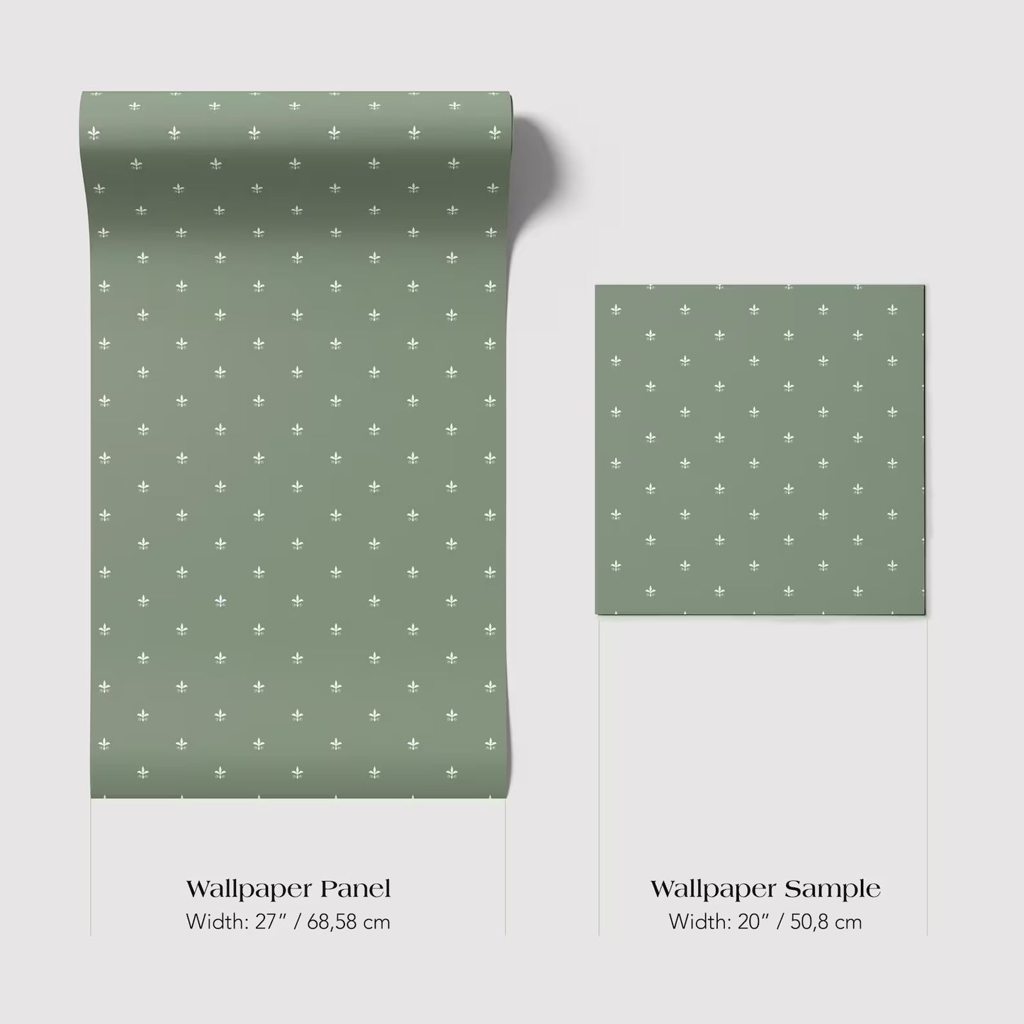 two different wallpaper panels with a green and white polka dot pattern. The text below the wallpaper panels provides the widths of the panels in centimeters.