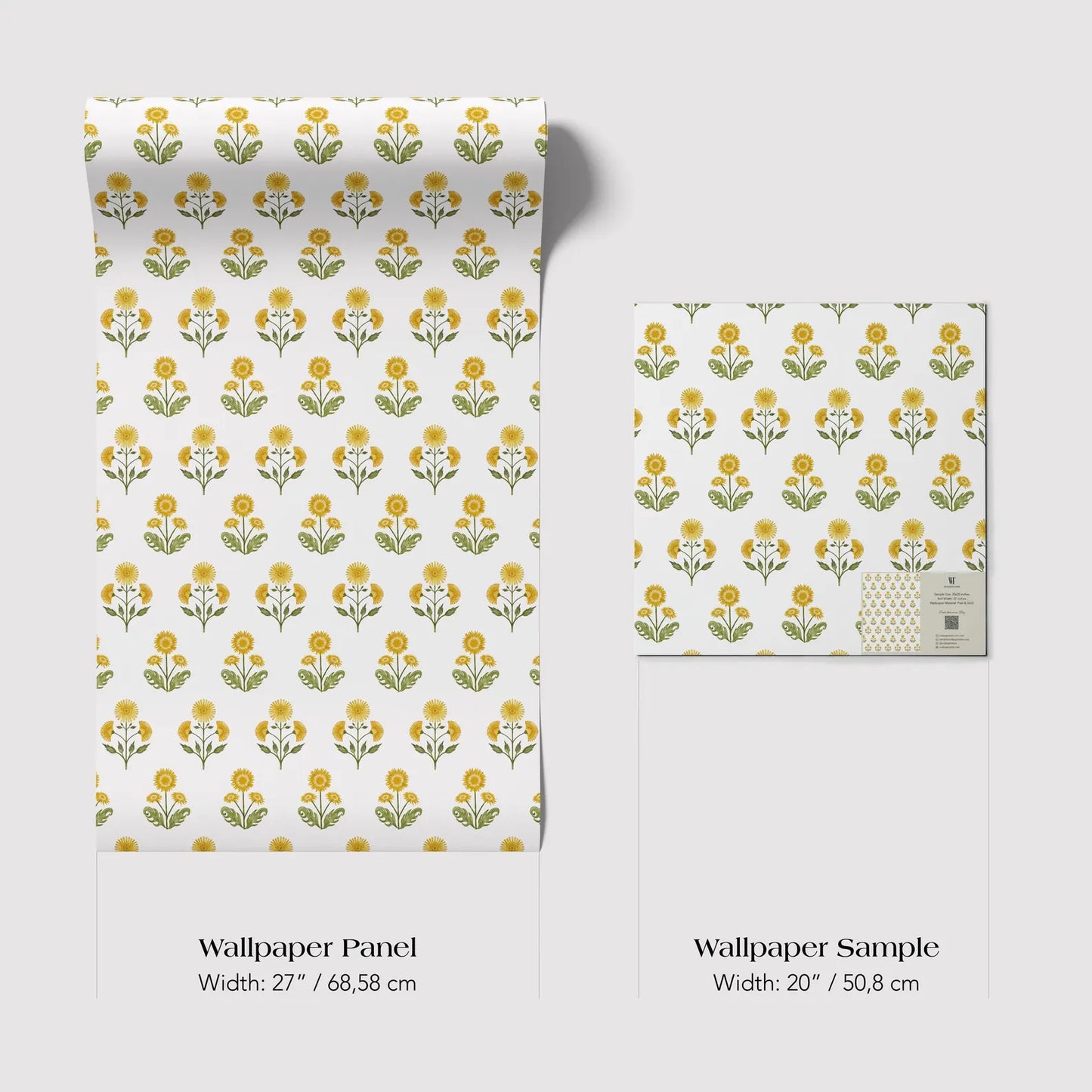 three identical rolls of wallpaper with a repeating pattern of yellow flowers on a white background. The rolls are labeled as "Wallpaper Panel" and "Wallpaper Sample" with their respective widths: 27 inches (68.58 cm) and 20 inches (50.8 cm).
