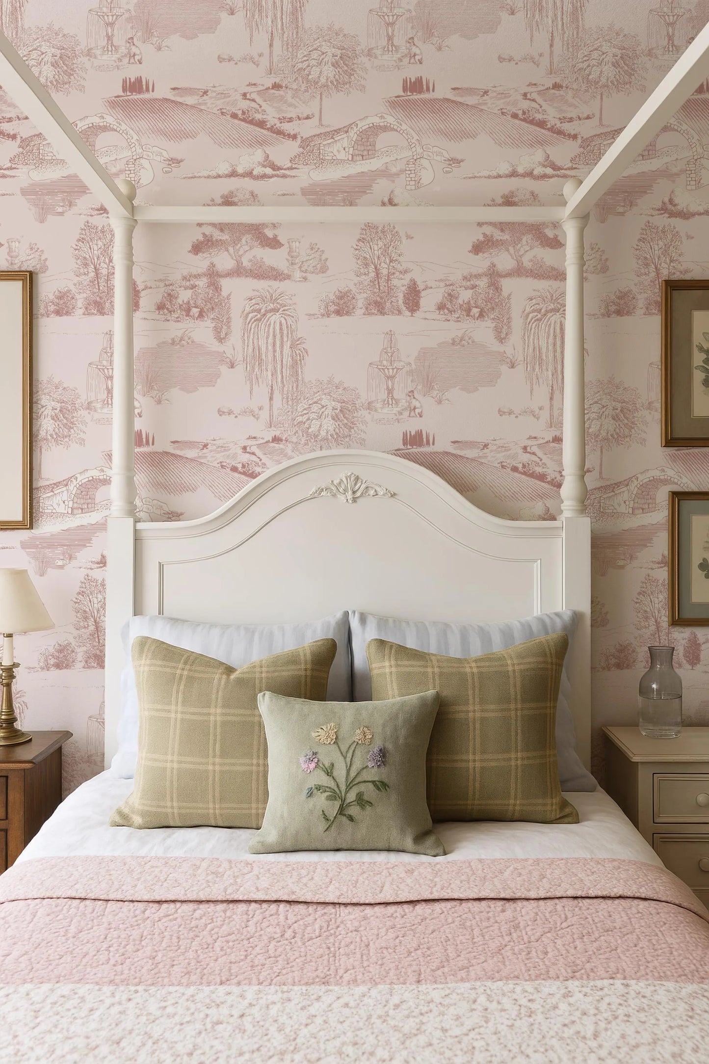 a cozy bedroom with a white four-poster bed, a pink and white floral wallpaper, and a wooden nightstand with a lamp.