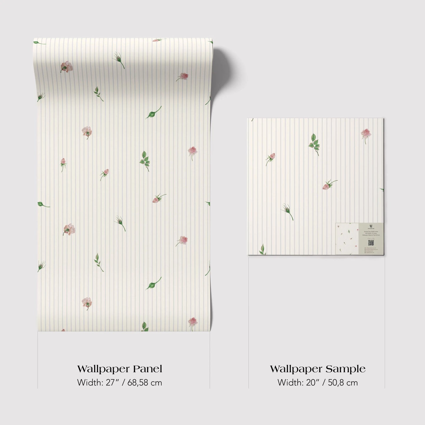 two different wallpaper samples with a floral pattern. The larger sample is a wallpaper panel with a width of 27 inches (68.58 cm) and the smaller sample is a wallpaper sample with a width of 20 inches (50.8 cm).