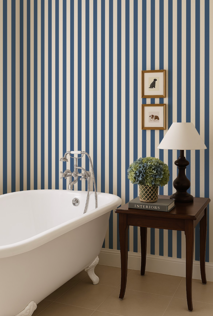 a bathroom with a white clawfoot bathtub, a wooden side table with a lamp, and a framed picture on the wall.