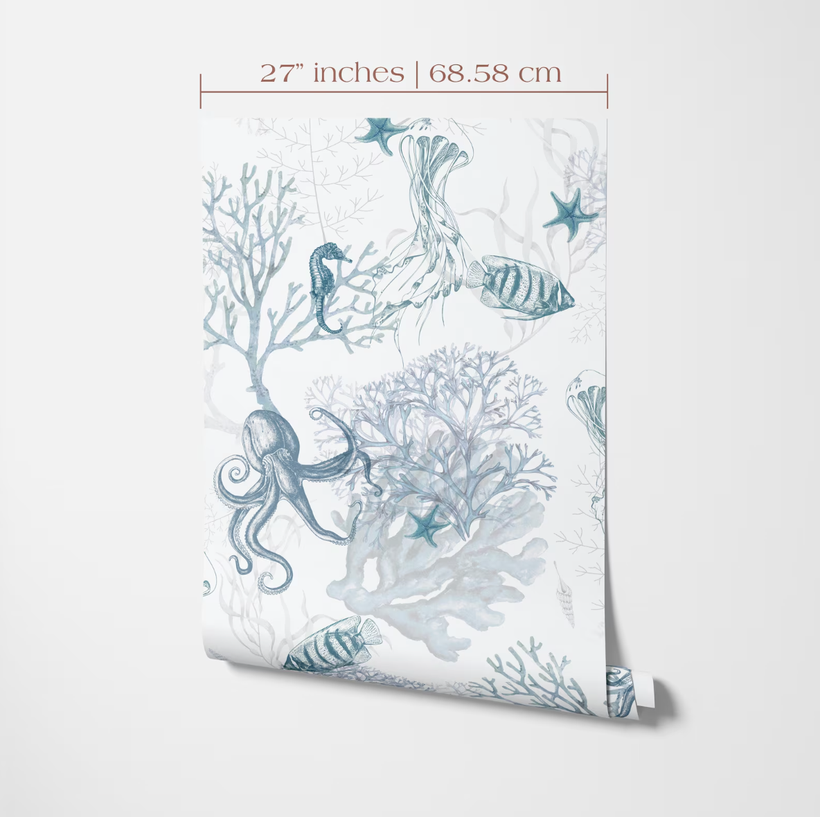 a wallpaper pattern with various marine life, including fish, octopuses, and coral. The wallpaper is described as having a blue and white color scheme, and it is 27 inches wide and 68.58 cm tall.