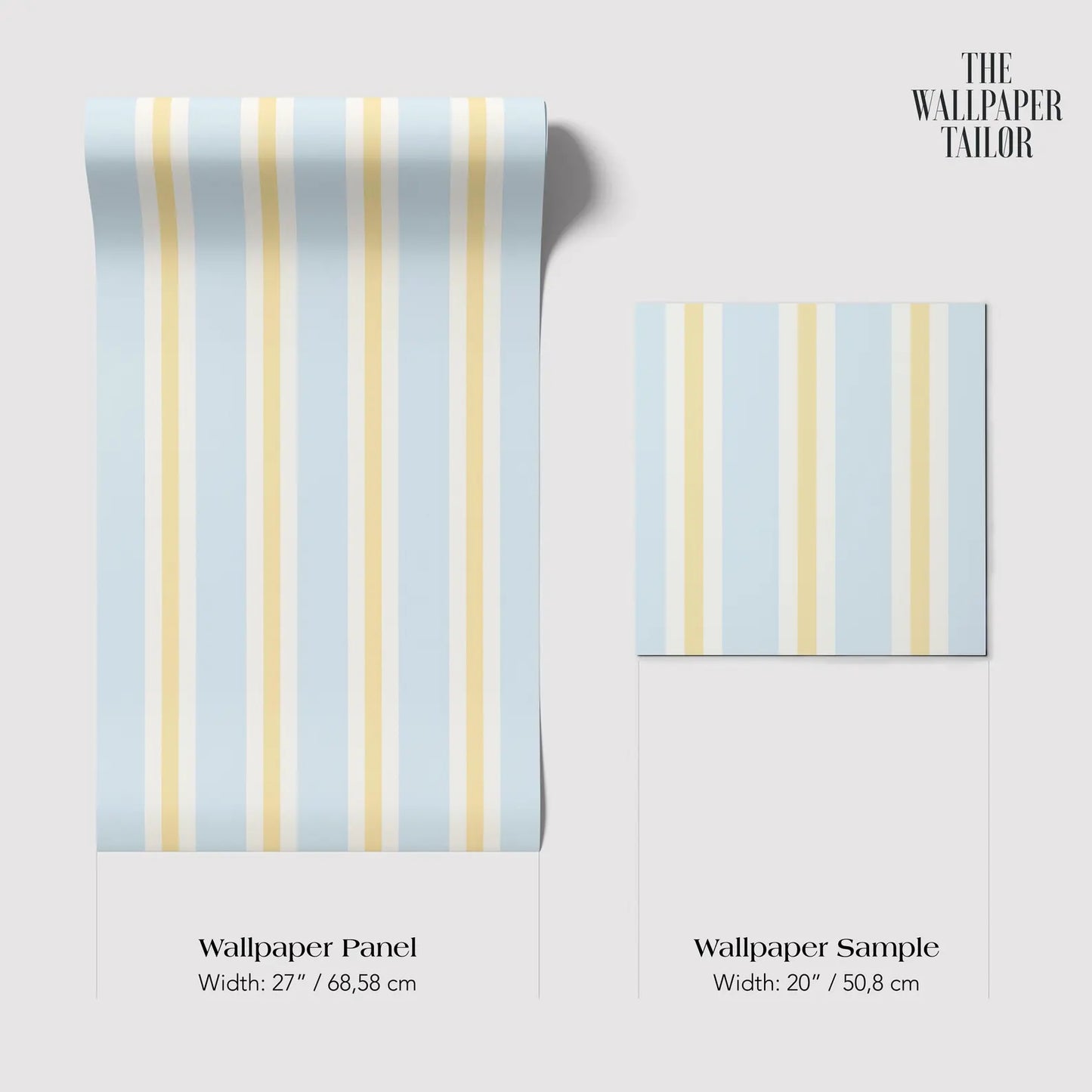 two different sizes of a wallpaper panel with a striped pattern in shades of blue and yellow.