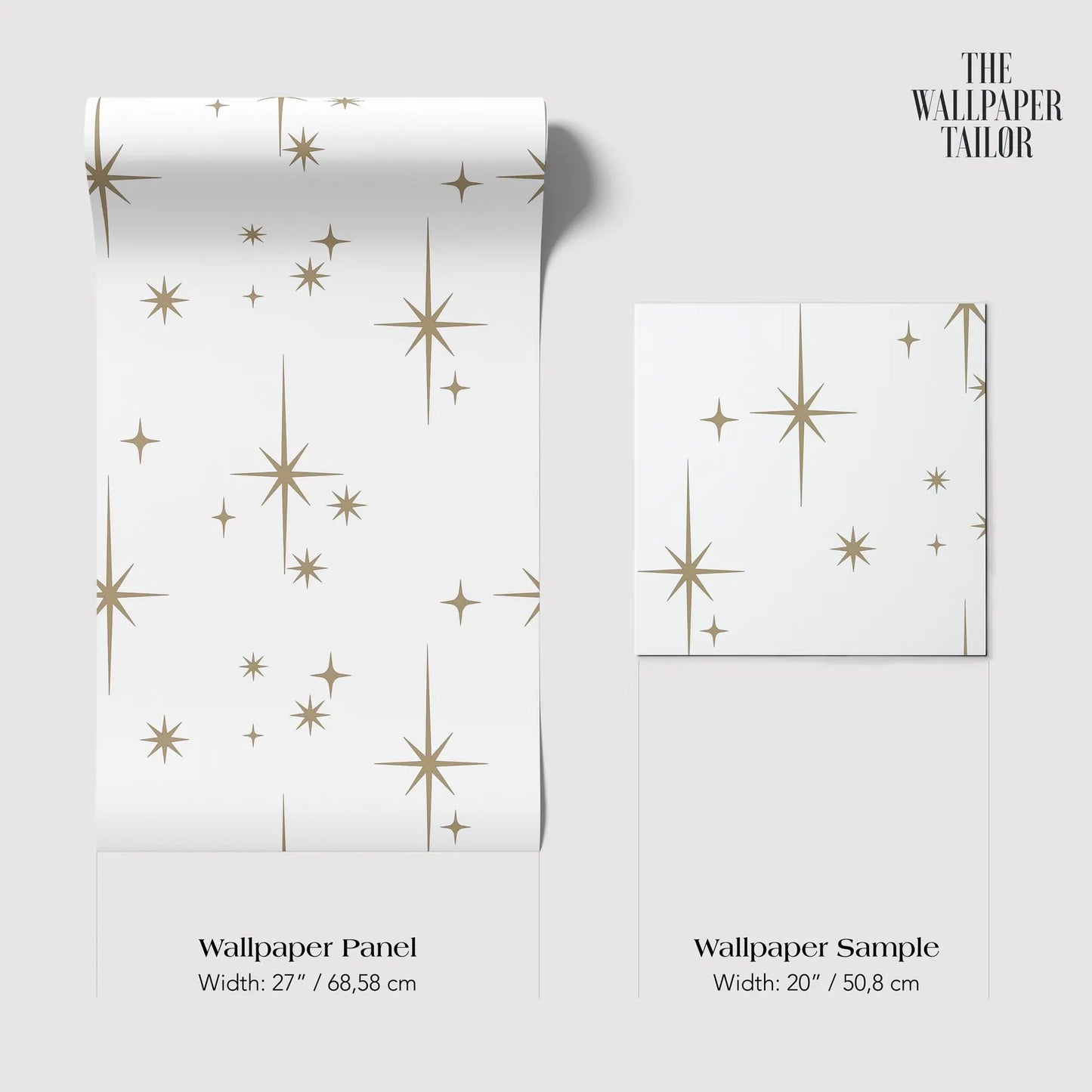 two different sizes of a wallpaper panel with a starry pattern. The text provides the dimensions of the wallpaper panel and the wallpaper sample.