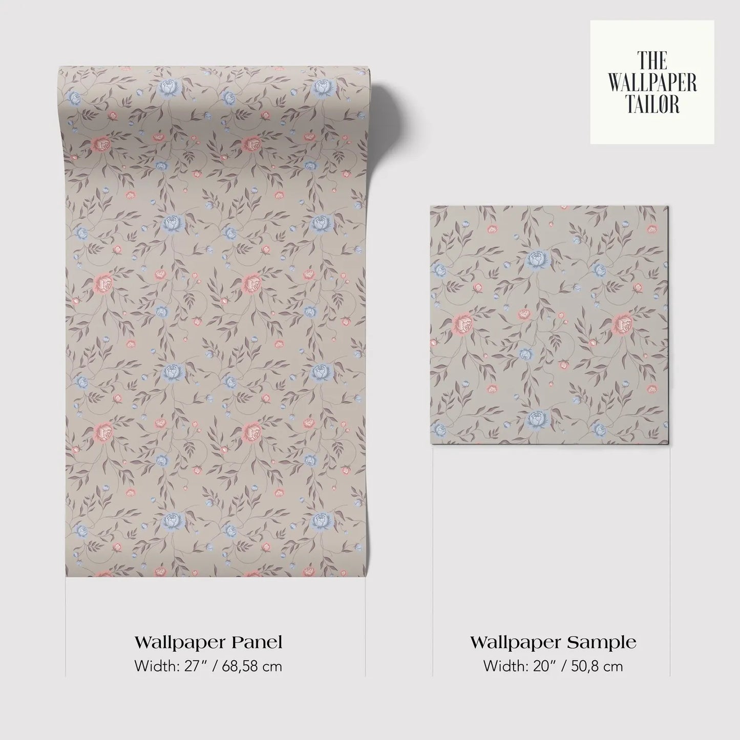 two different floral pattern wallpaper panels and a wallpaper sample, providing their respective widths and dimensions.