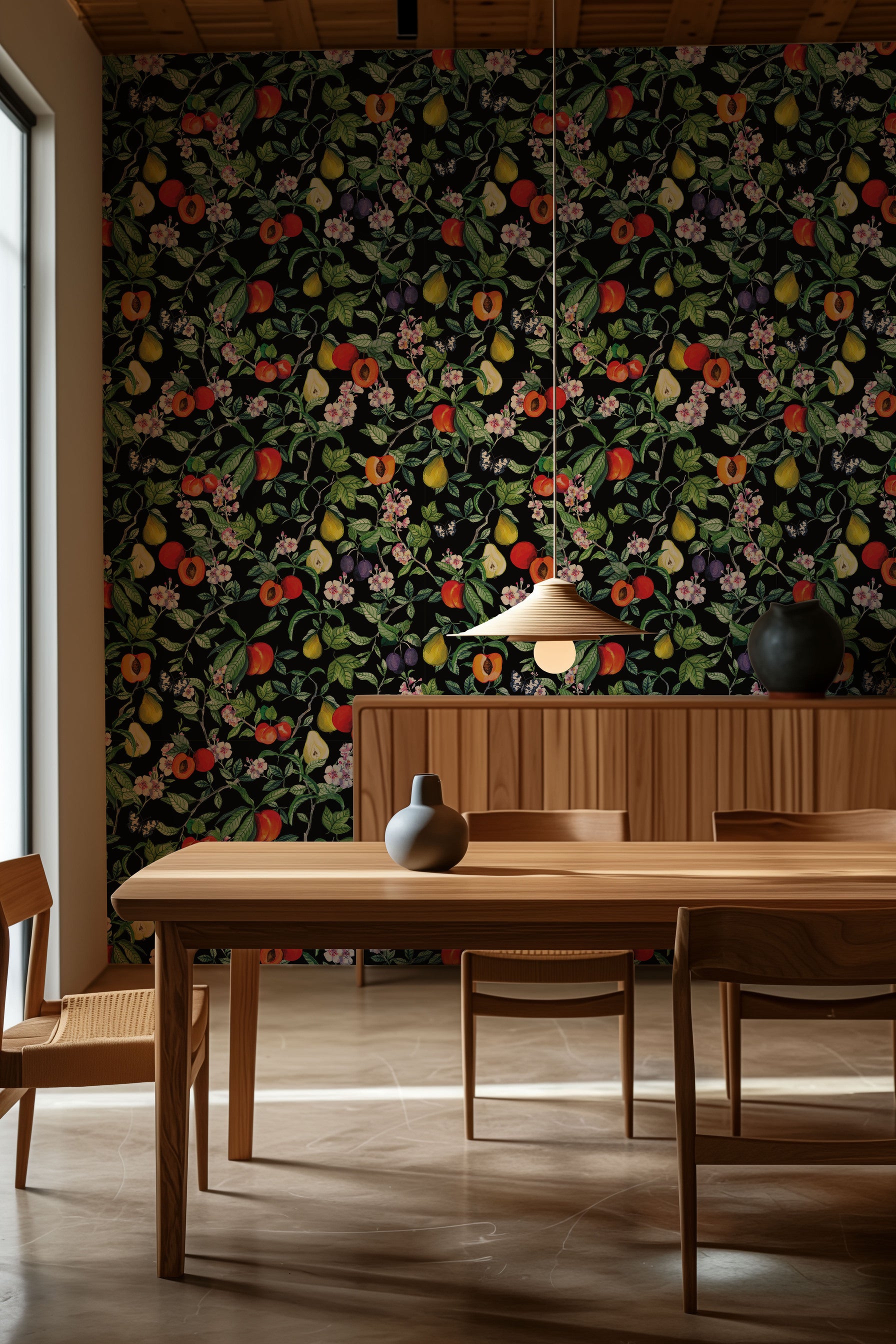 a dining room table with a vase on top of it