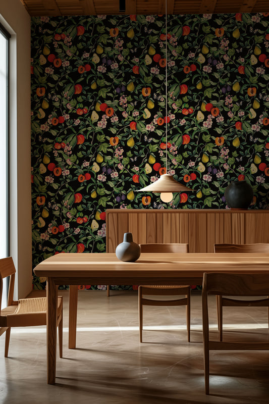 a dining room table with a vase on top of it