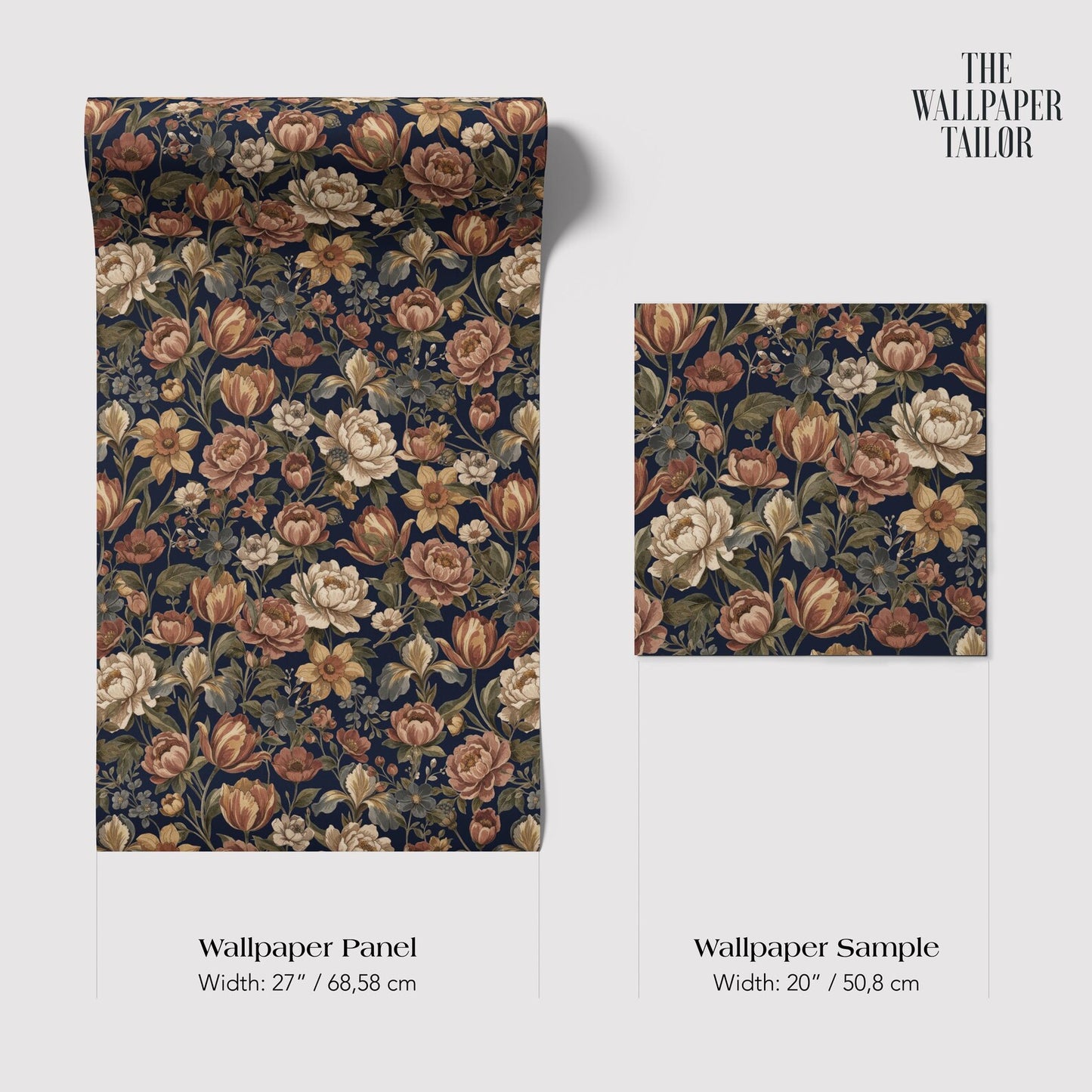two different floral wallpaper panels and a wallpaper sample, each with varying widths. The text provides the widths of the panels and the sample, which are both 20 inches wide.