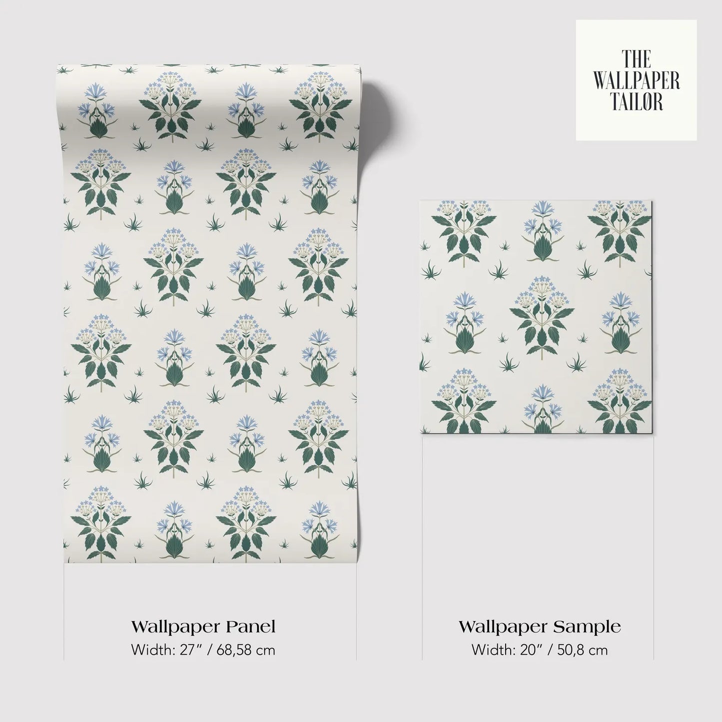 two identical patterns of wallpaper panels with a floral design. The text provides information about the width of the wallpaper panels and the wallpaper sample.