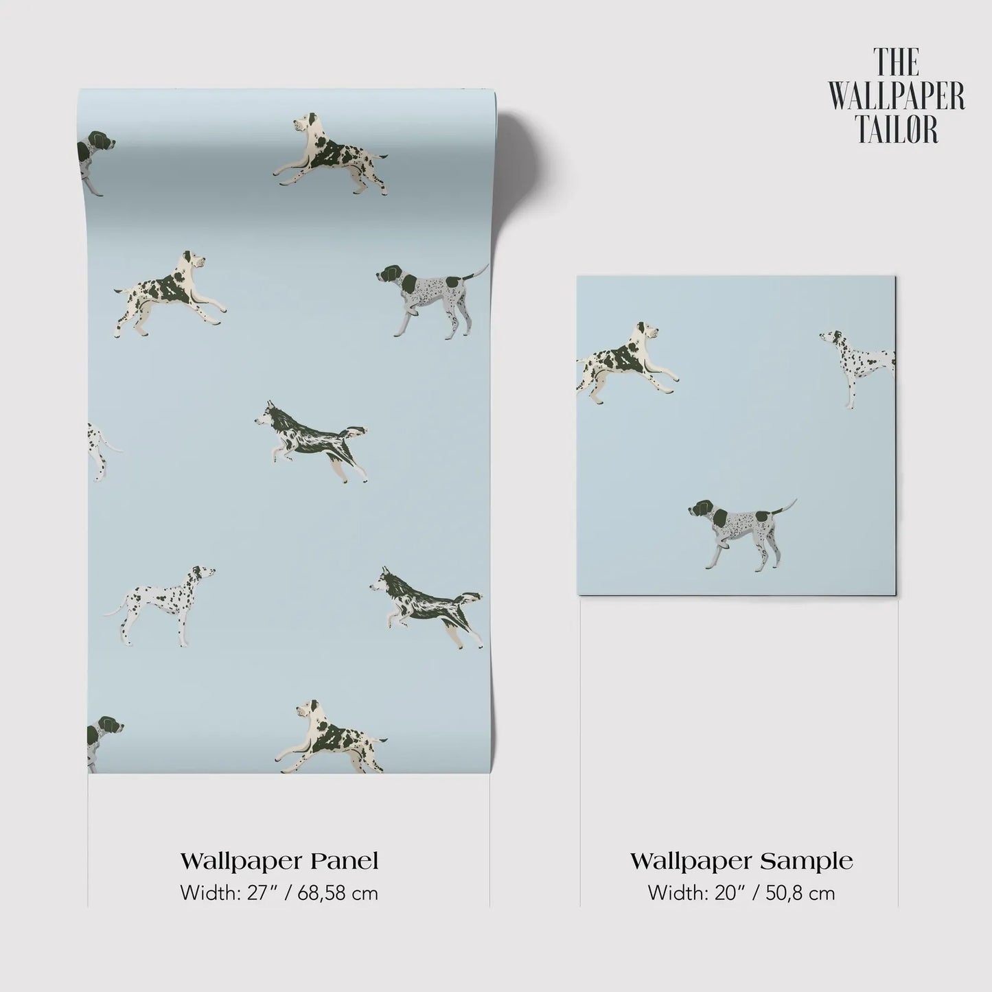 The image is a wallpaper panel and a wallpaper sample, both featuring a repeating pattern of spotted dogs against a light blue background.