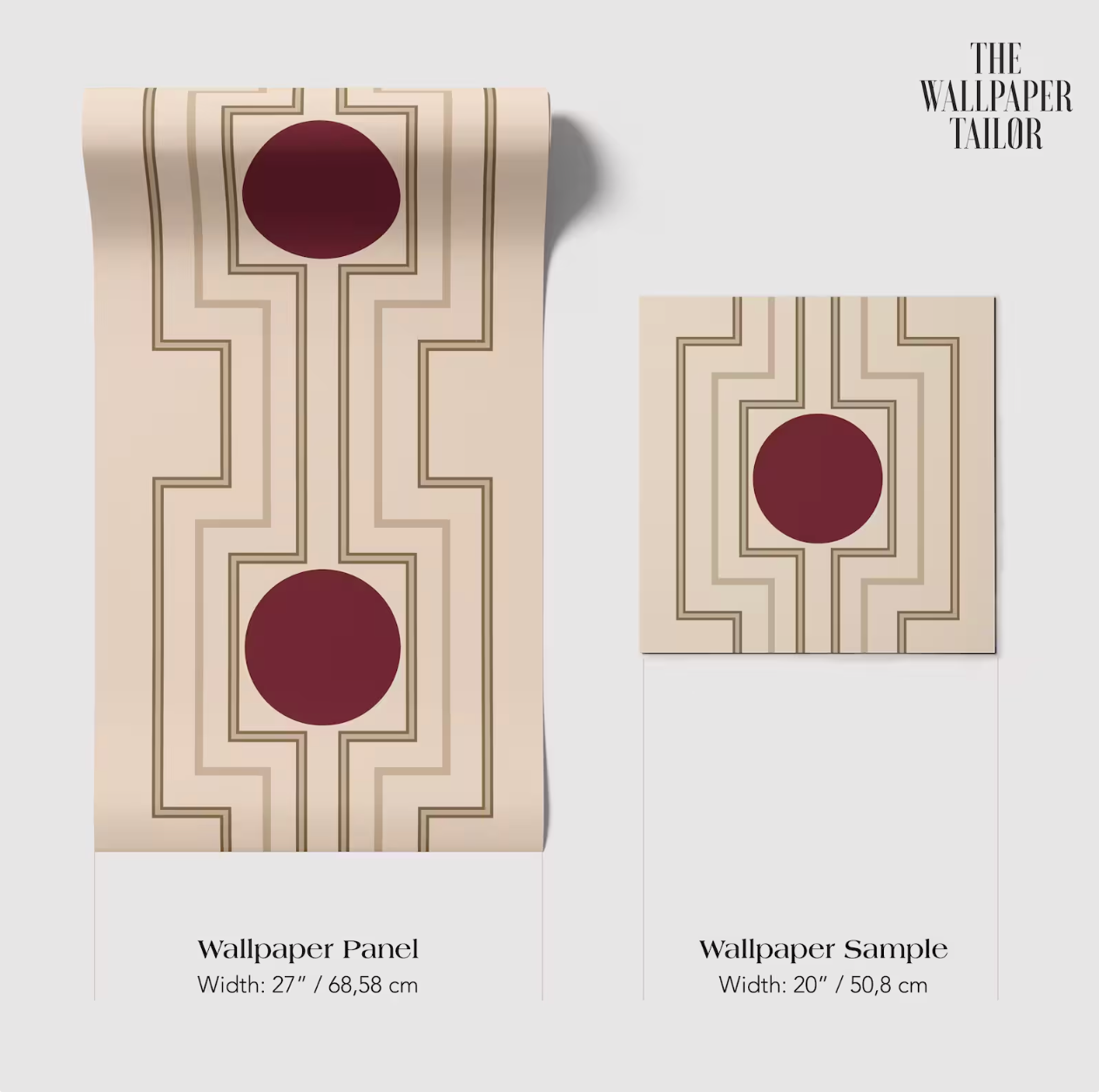 two wallpaper panels and a wallpaper sample, all featuring a geometric design with a central red circle and a repeating pattern of lines and rectangles.