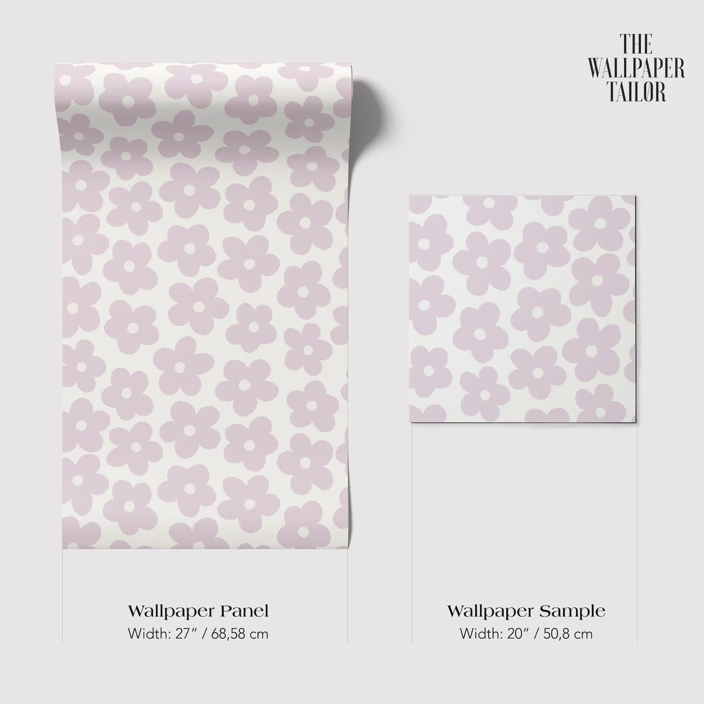 two different sizes of a wallpaper panel with a floral pattern in shades of purple. The larger panel is wider at 27 inches (68.58 cm) and the smaller one is narrower at 20 inches (50.08 cm).