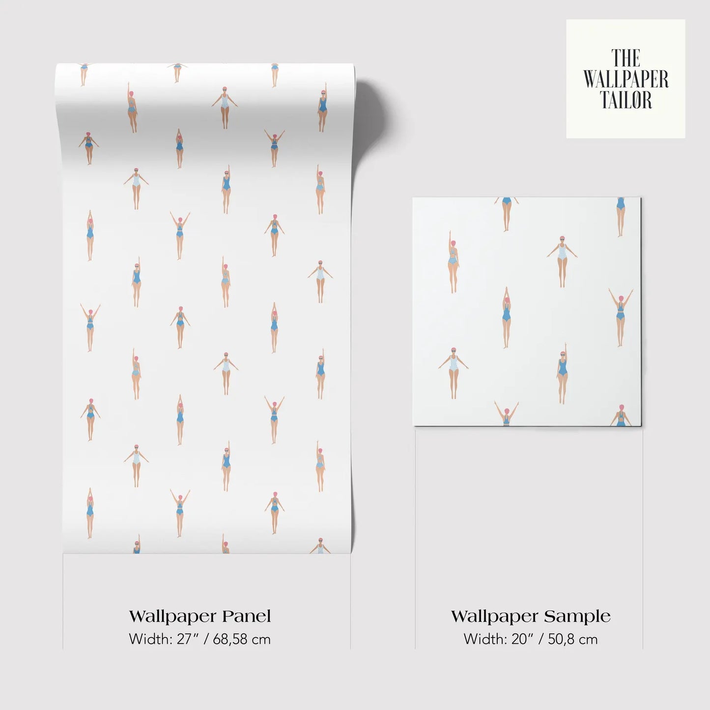 two different wallpaper samples with a repeating pattern of swimming figures. The text provides information about the width of each wallpaper sample, with the left sample being wider at 27 inches and the right sample being wider at 20 inches.
