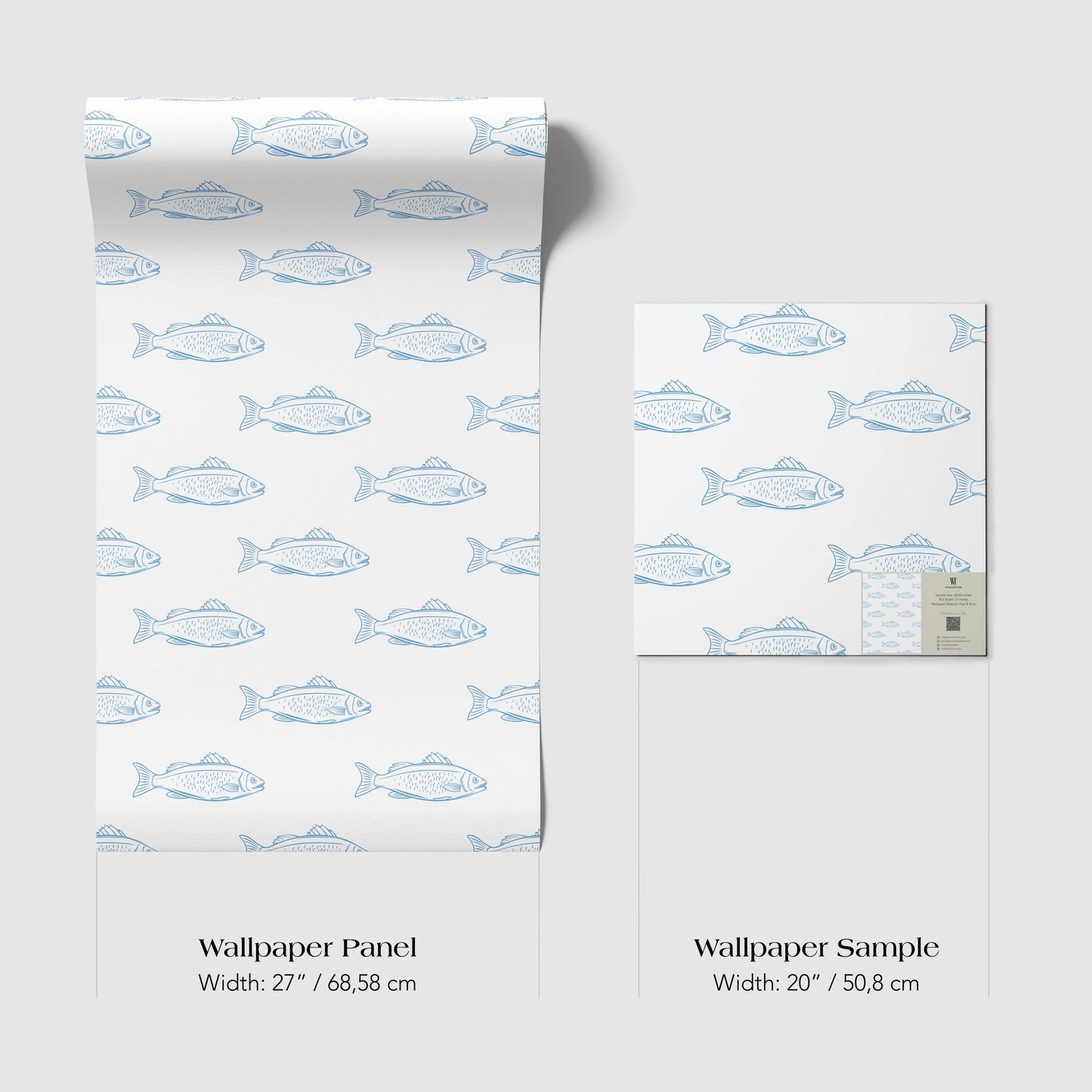 two different sizes of wallpaper panels with a repeating pattern of blue fish on a white background.