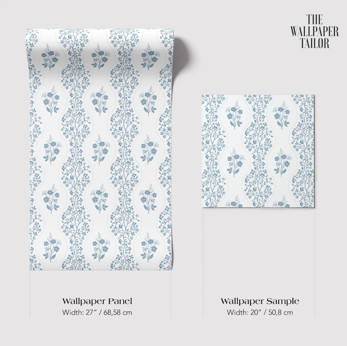 two rolls of wallpaper with a repeating floral pattern in shades of blue and white. The rolls are labeled as "Wallpaper Panel" and "Wallpaper Sample" with their respective widths: 27 inches (68.58 cm) and 20 inches (50.88 cm).