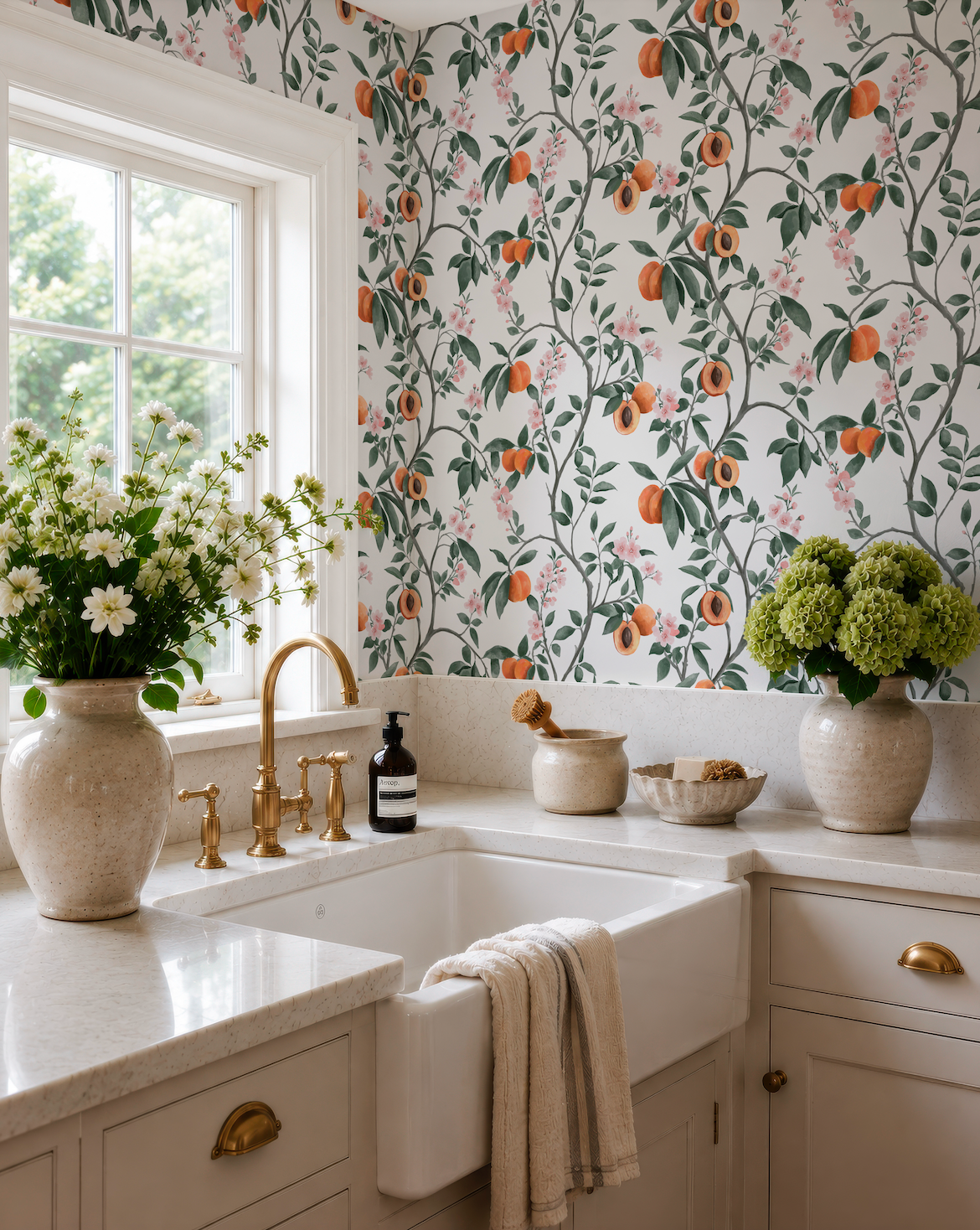 a well-decorated kitchen with a white sink, a vase of flowers, and a bowl of fruit. The wall behind the sink is covered in a floral wallpaper with orange and green accents.