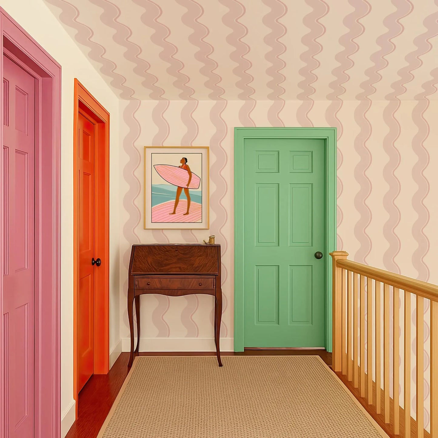 a hallway with a wooden desk, a green door, and a pink door. The hallway has a colorful and vibrant atmosphere, with the walls and doorways painted in various shades of pink, green, and orange.