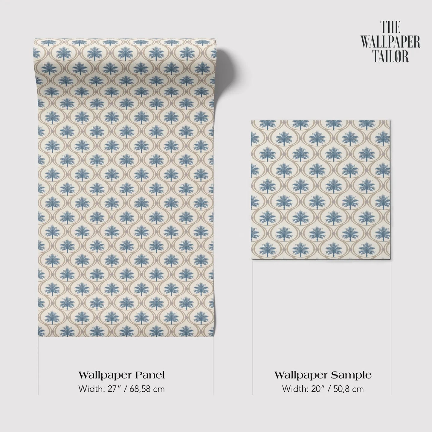 a wallpaper panel and a wallpaper sample, both featuring a repeating pattern of blue and white flowers or leaves.