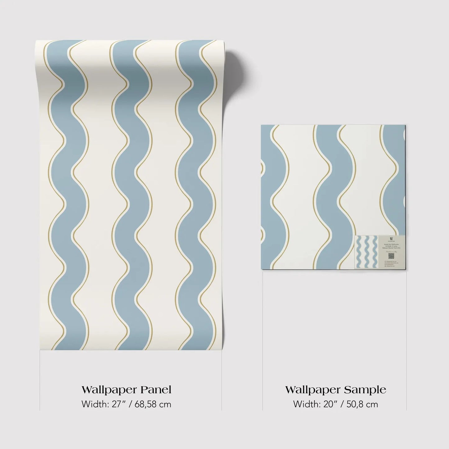 two wallpaper samples with a similar wavy pattern in blue and white colors. The text indicates the width of each sample, with the larger sample measuring 27 inches (68.58 cm) and the smaller sample measuring 20 inches (50.08 cm).