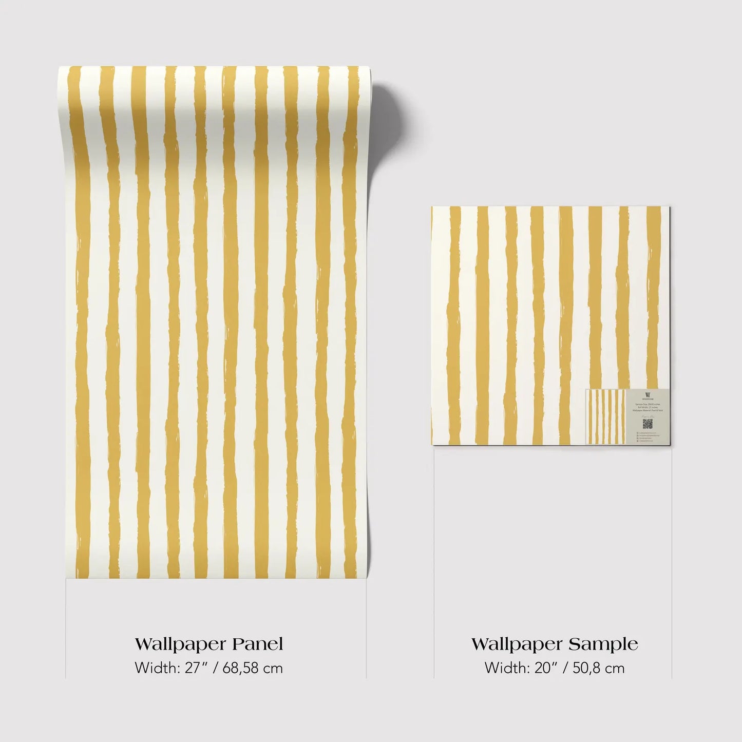 two different sizes of a wallpaper panel with a striped pattern in yellow and white. The larger panel is wider than the smaller one, with a width of 27 inches (68.58 cm) and a width of 20 inches (50.8 cm).