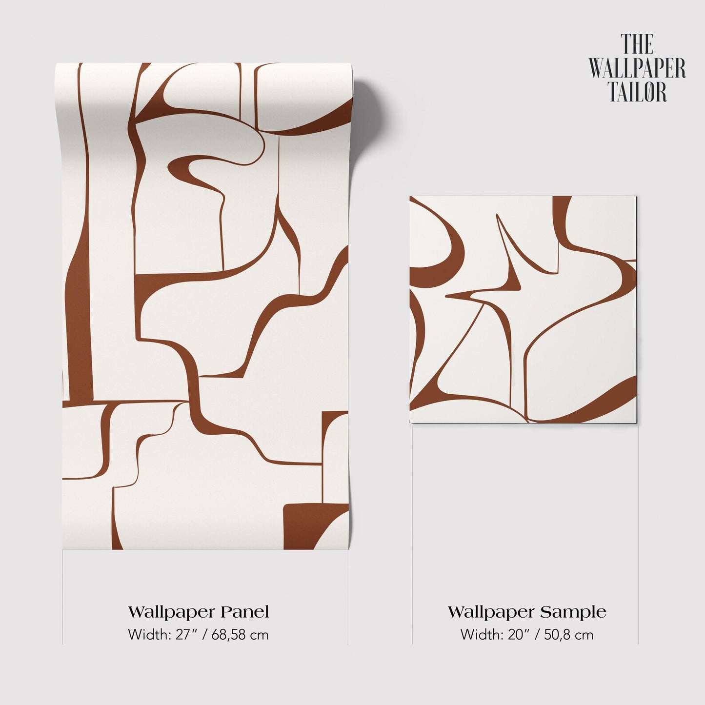 two abstract wallpapered panels with a minimalist design. The text provides information about the size and dimensions of the wallpapered panels, with the width ranging from 27 to 68.58 cm and the height from 20 to 50.8 cm.