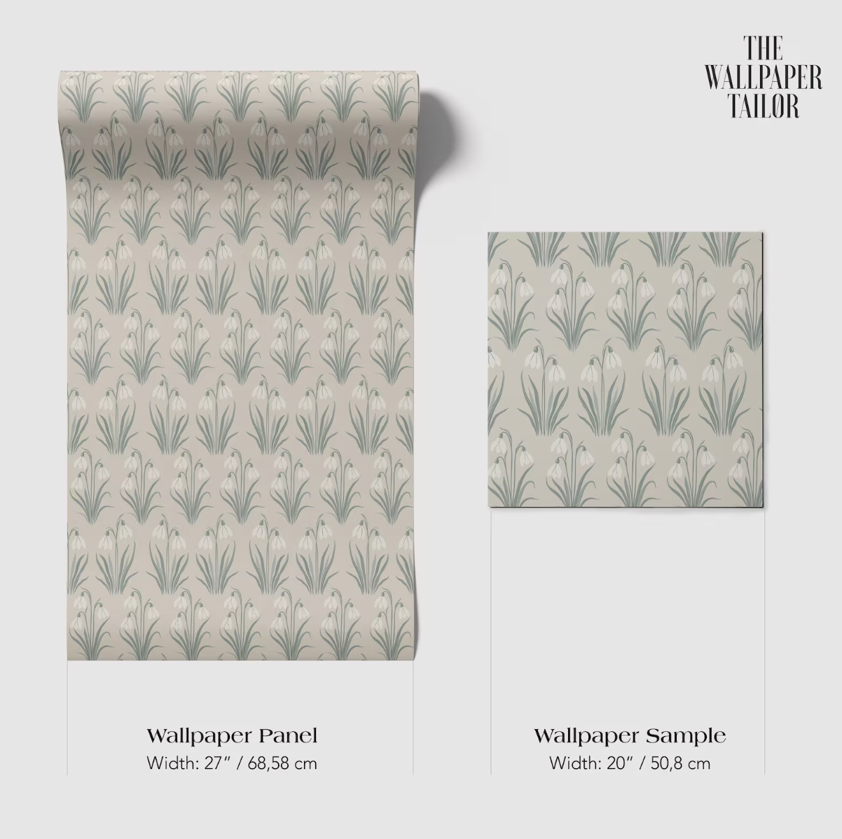 two wallpaper panels and a wallpaper sample, each with a different pattern and size.