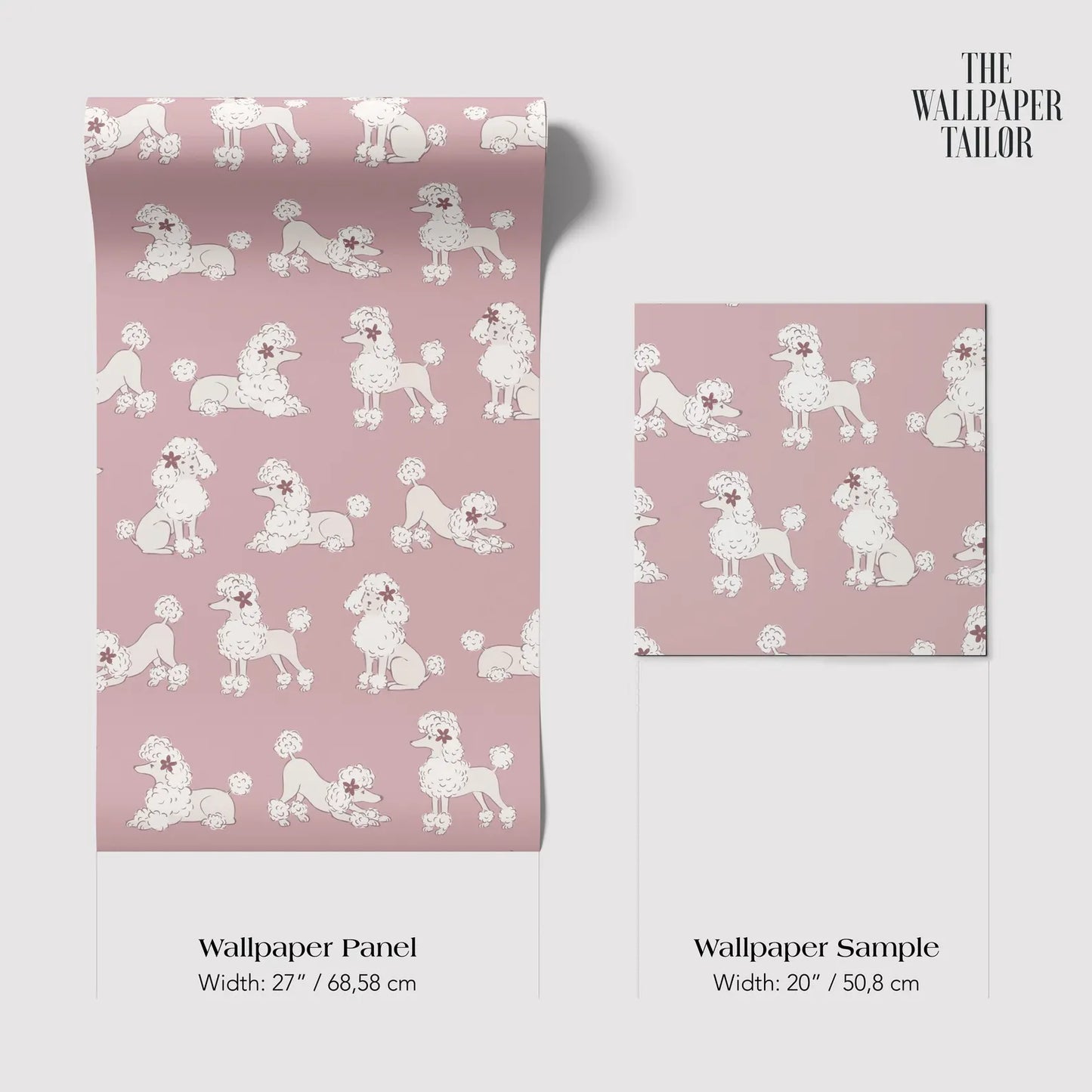 a wallpaper panel and a wallpaper sample with a repeating pattern of white poodles on a pink background.