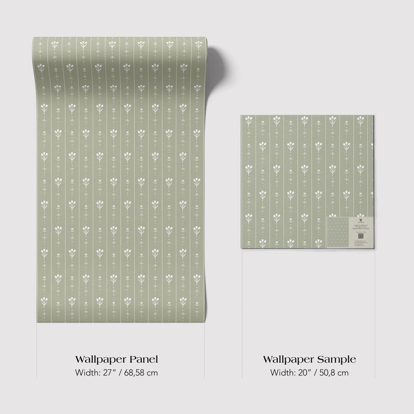two different sizes of a wallpaper panel with a repeating pattern of white flowers on a green background.