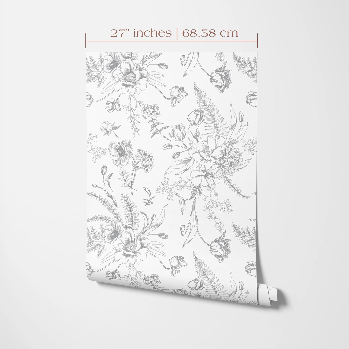 a repeating floral pattern with various flowers and leaves, including roses, ferns, and other botanical elements, all rendered in a black and white style.