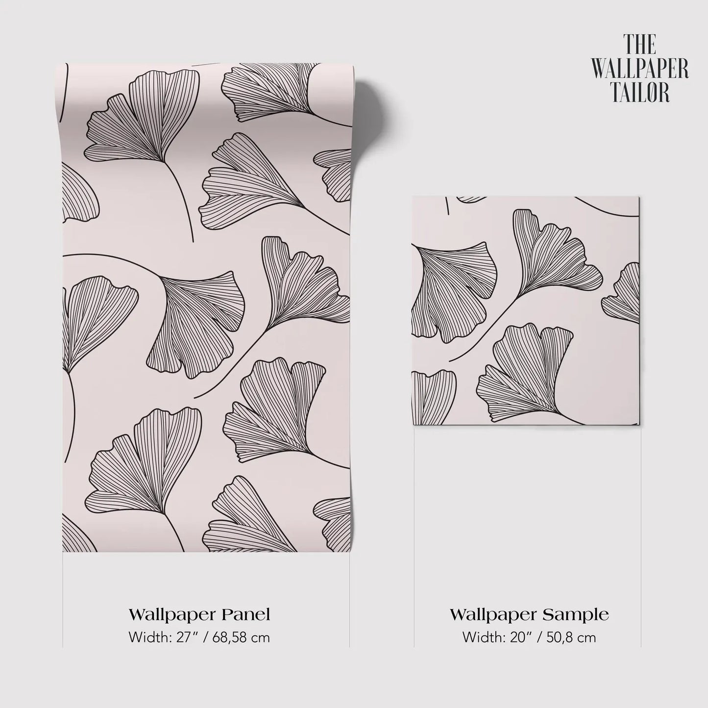 The image is a wallpaper panel with a repeating pattern of black and white ginkgo leaves. The panel is described as having a width of 27 inches (68.58 cm) and a width of 20 inches (50.8 cm).